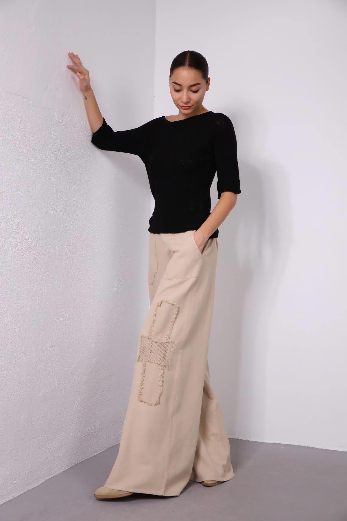 Navy Blue Floral Stitched Waist Shirt Dress - Şaman Butik Powder Pink Wide Leg Fillet Detailed Trousers