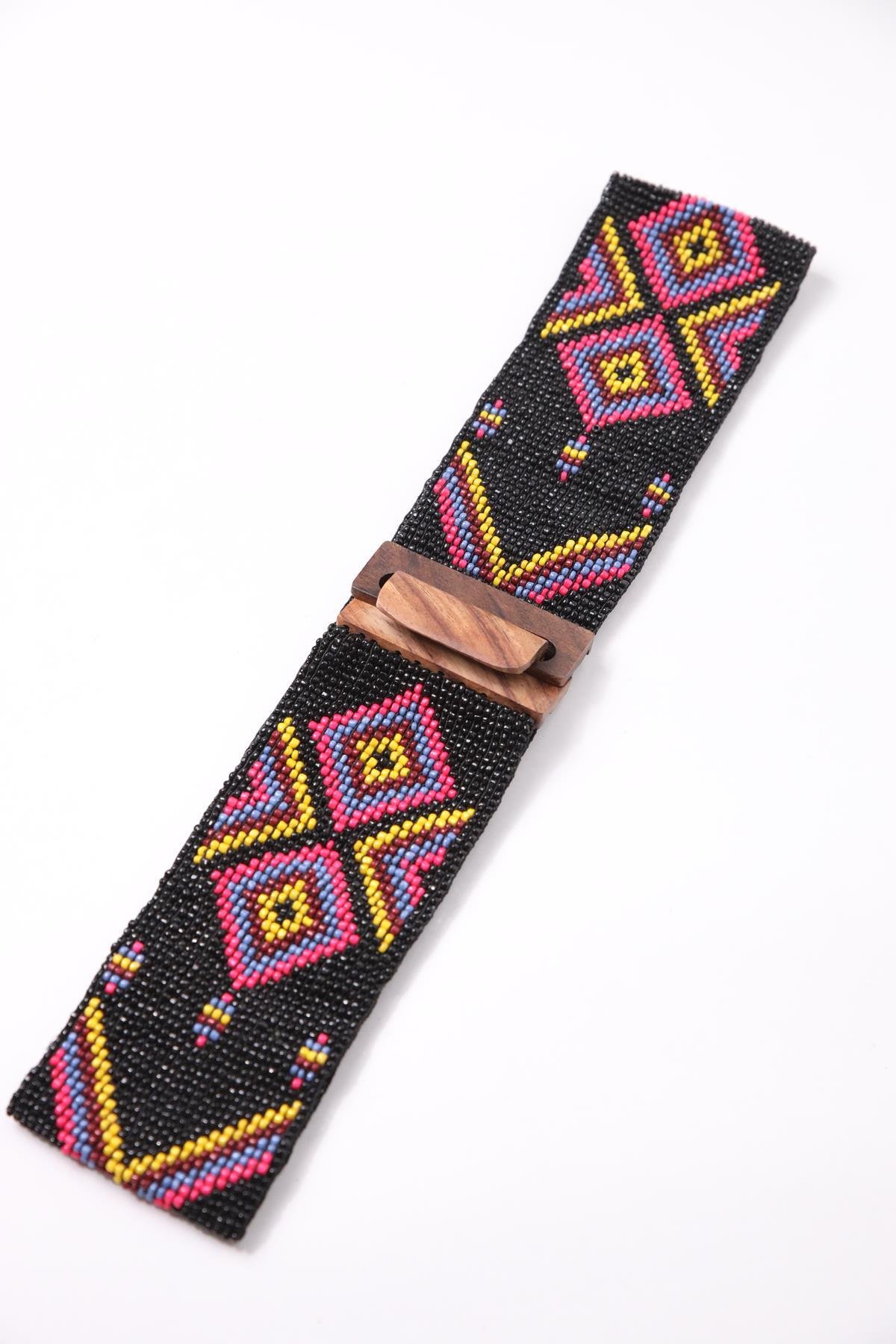 Black Wooden Buckle Detailed Beaded Elastic Belt