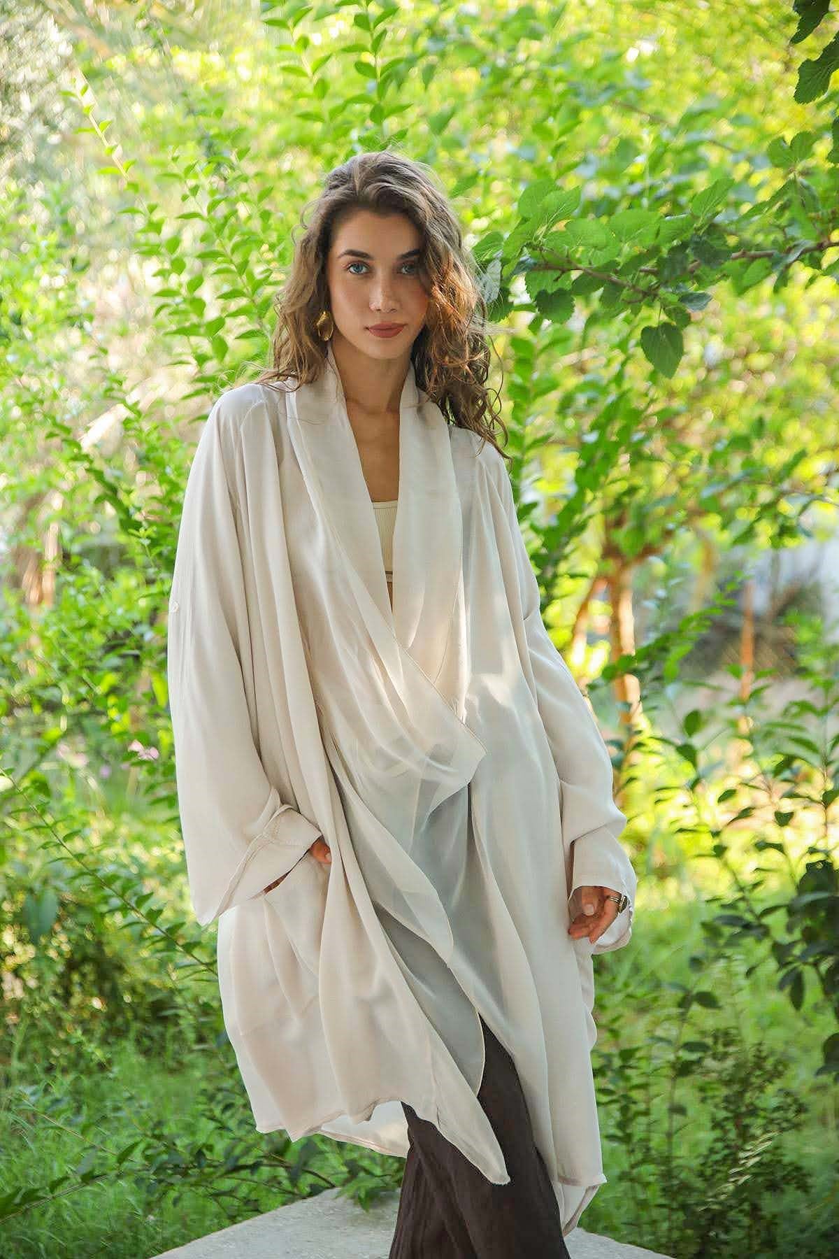 Krem Rengi İpek Yaka Dikişli Judith Tunik