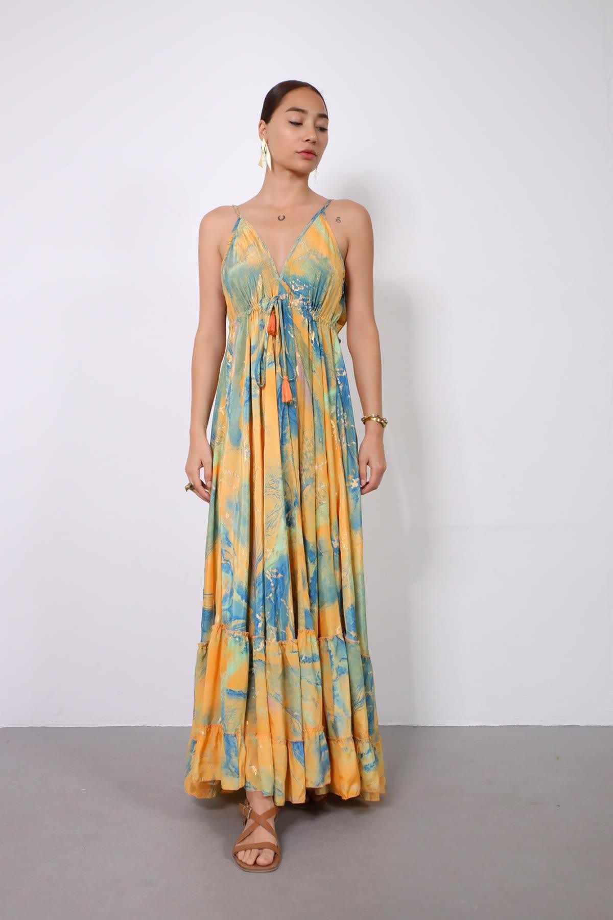 Mango Rengi Arkası Fırfırlı Askılı İpek Elbise - Şaman Butik Mango Rengi Arkası Fırfırlı Askılı İpek Elbise