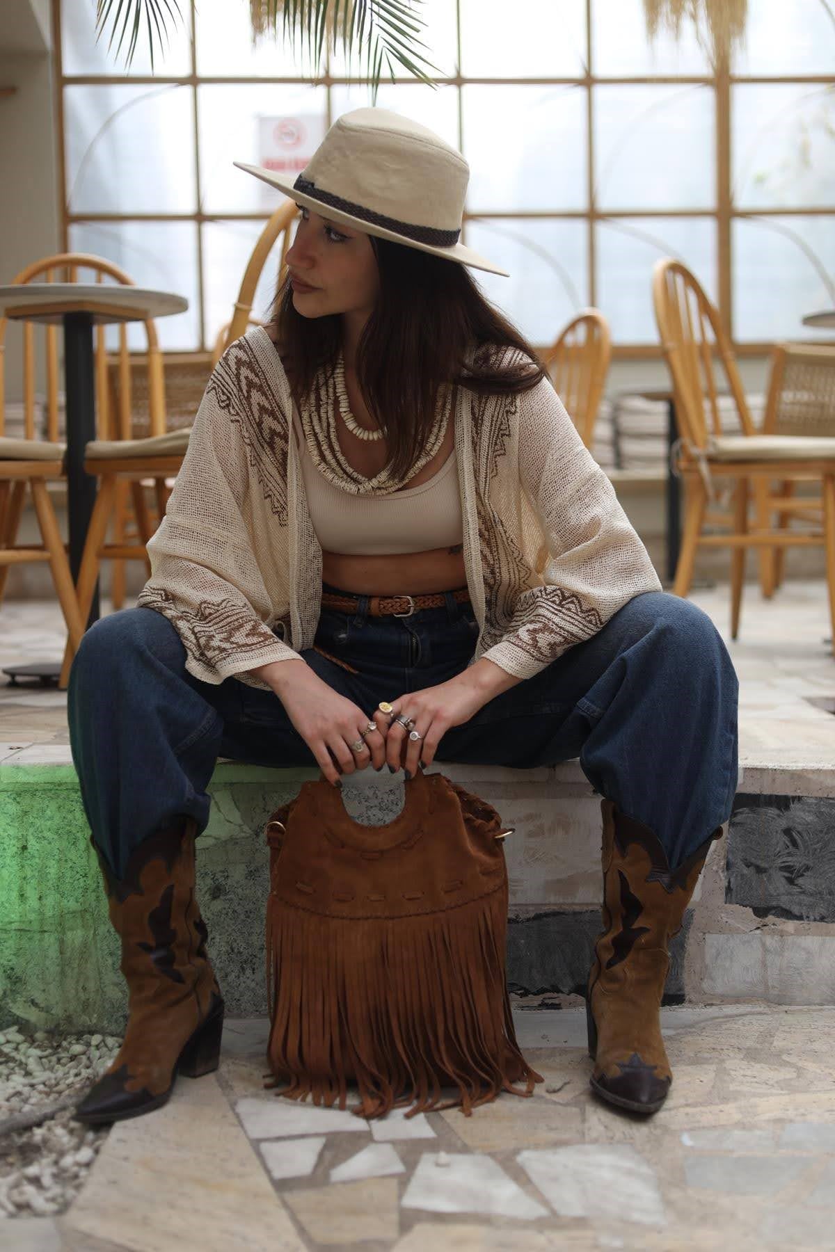 Krem Rengi Otantik Desenli Kısa File Kimono