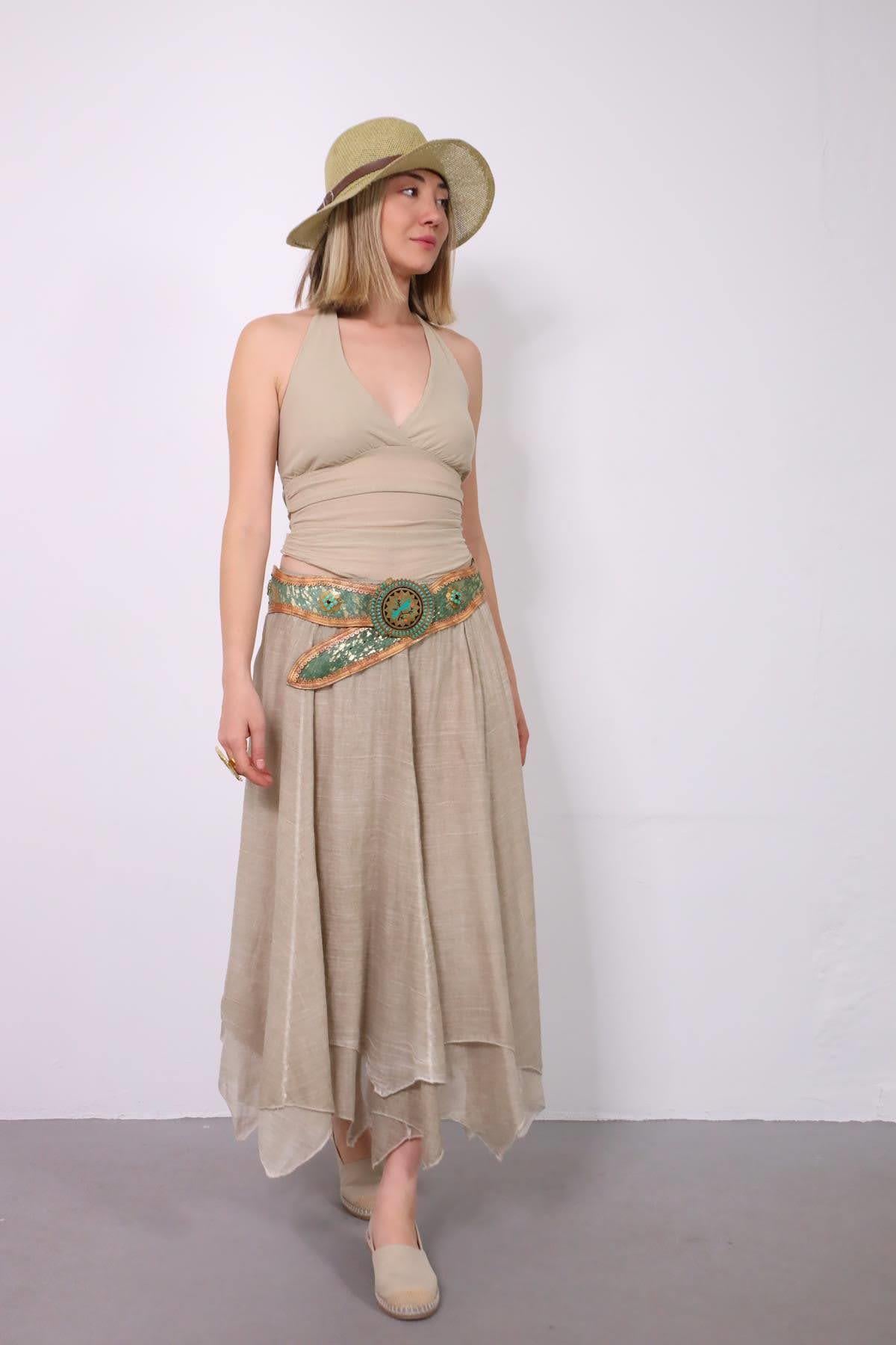 Krem Rengi Beli Gipeli Asimetrik Kesim Etek - Şaman Butik Krem Rengi Beli Gipeli Asimetrik Kesim Etek