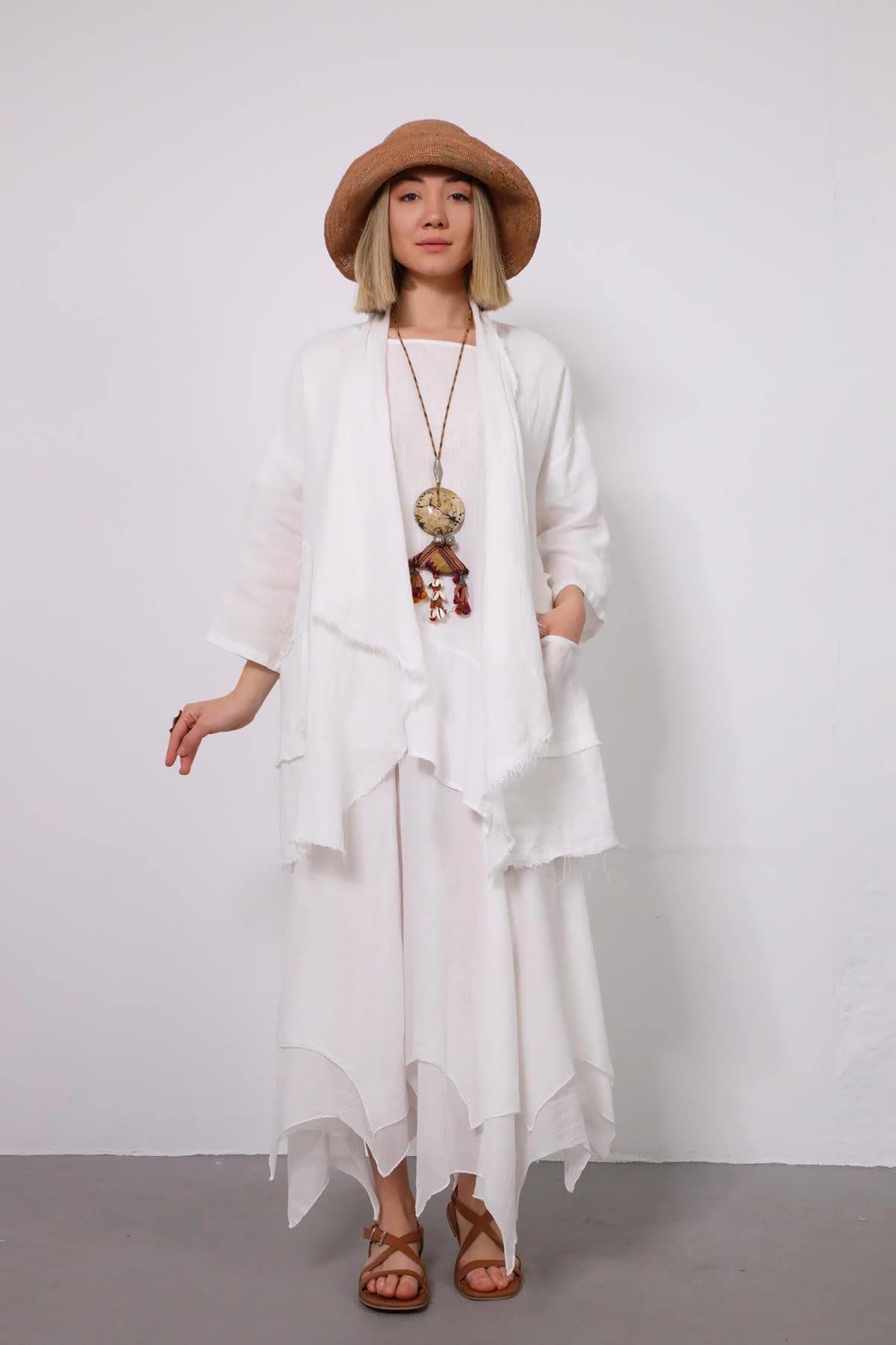 Beyaz Dikiş Detay Saçaklı Keten Kaftan - Şaman Butik - Bohem Giyim ve Aksesuar | Kadın & Erkek Beyaz Dikiş Detay Saçaklı Keten Kaftan