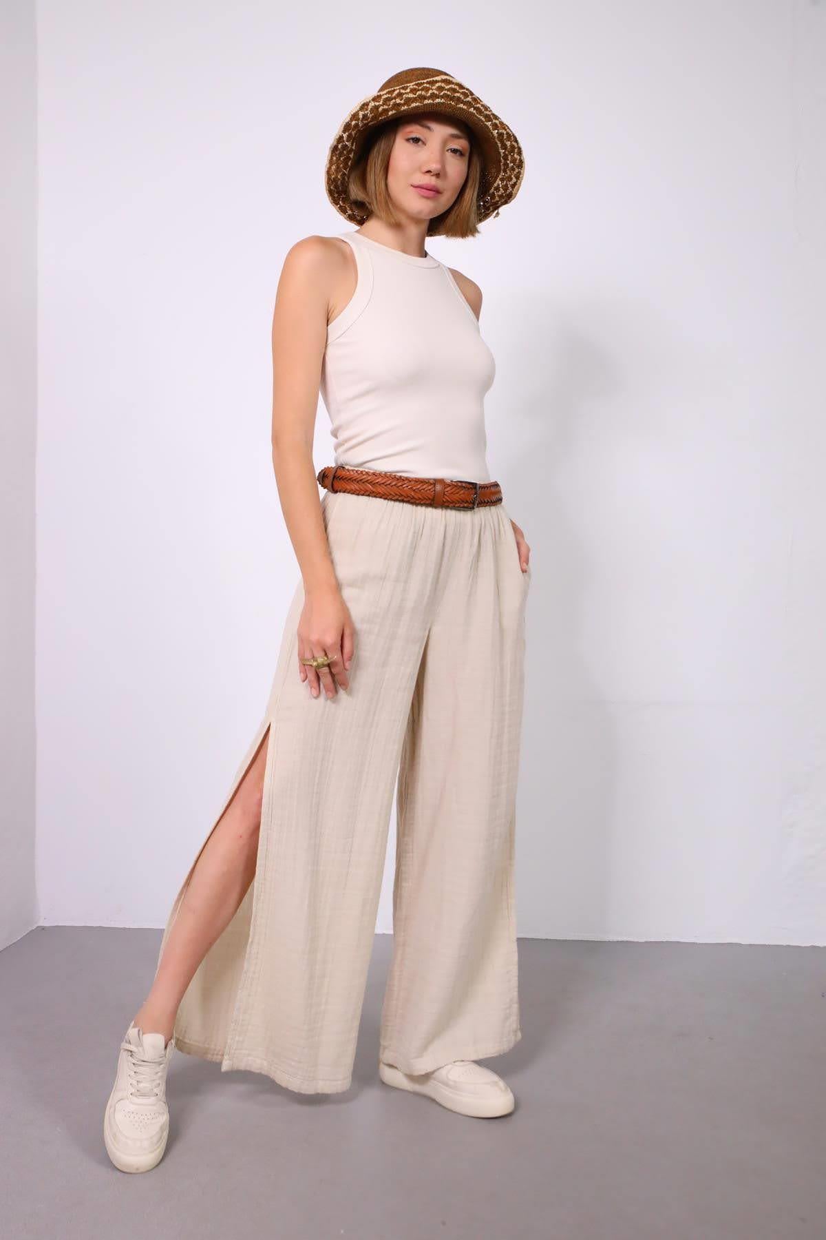 Krem Rengi Yırtmaçlı Müslin Pantolon - Şaman Butik Krem Rengi Yırtmaçlı Müslin Pantolon