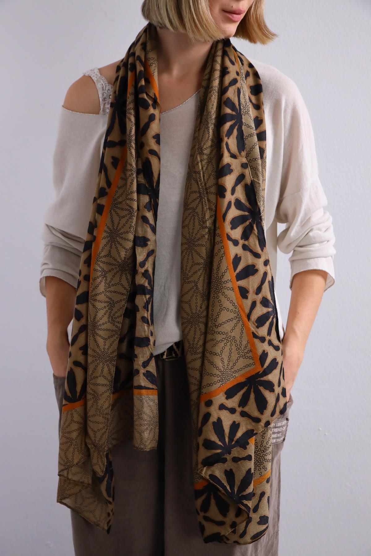 Açık Kahverengi Desenli Otantik Şal - Şaman Butik Açık Kahverengi Desenli Otantik Şal