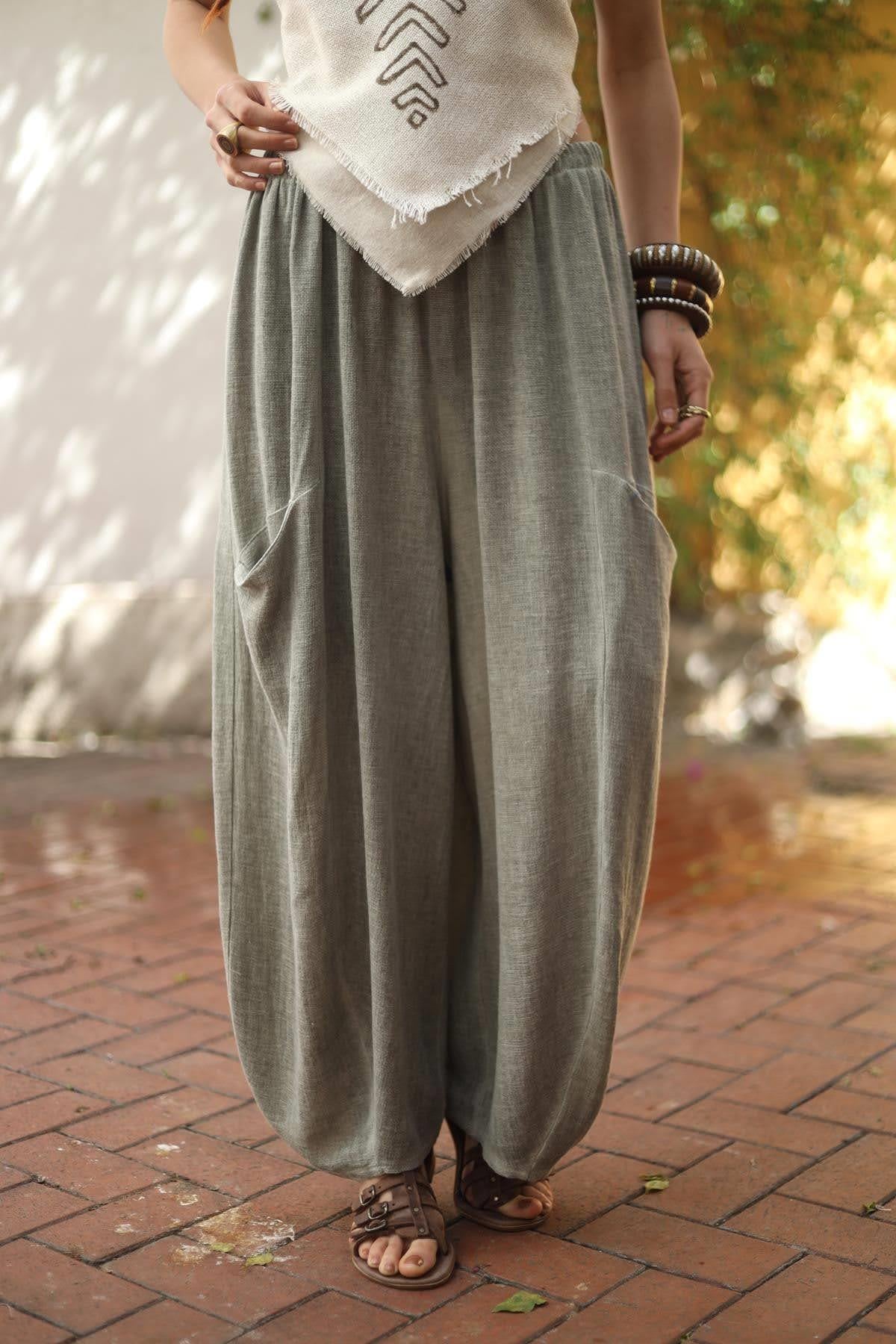 Haki Beli Lastikli Yanları Cepli Keten Pantolon