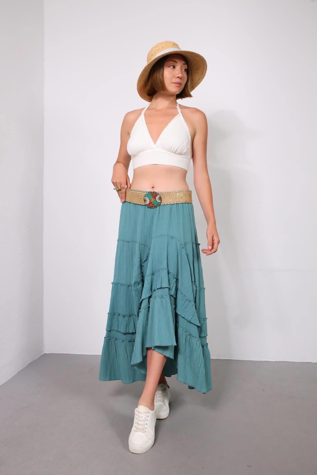 Mint Yeşili Fırfırlı Gofre Etek - Şaman Butik Mint Yeşili Fırfırlı Gofre Etek