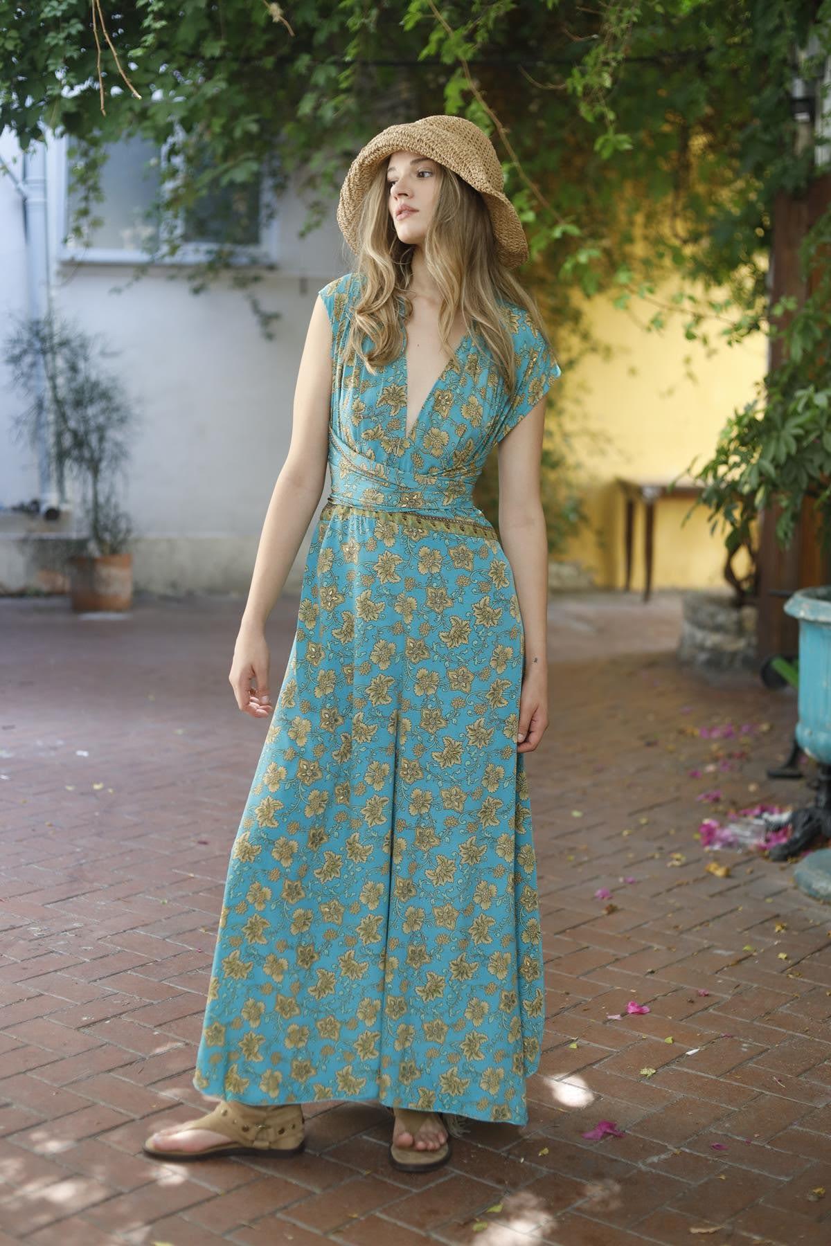 Turquoise Patterned Silk Jumpsuit