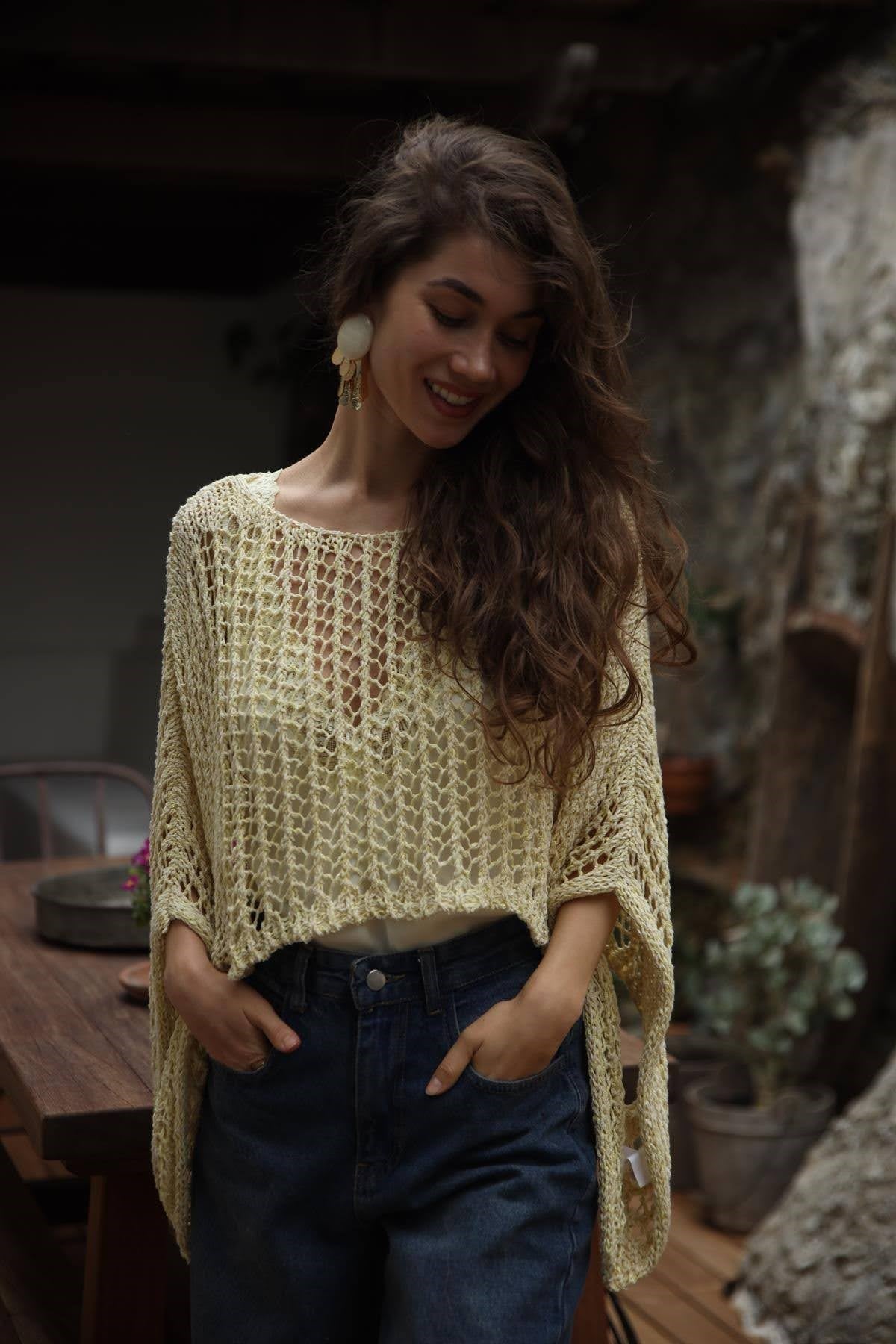 Butter Yellow Simli File Örgü Triko Crop Bluz