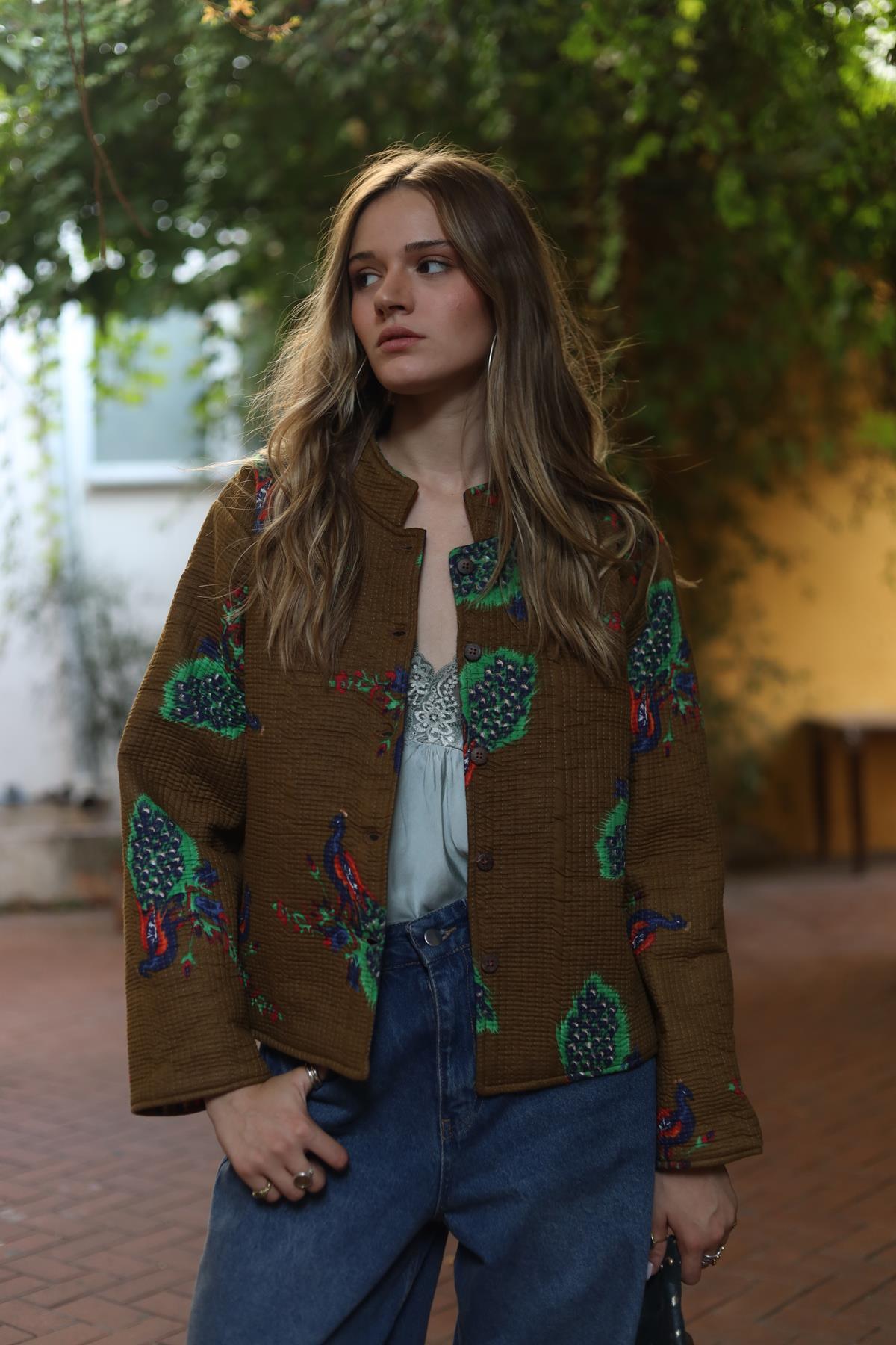 Oil Green Patterned Quilted Jacket