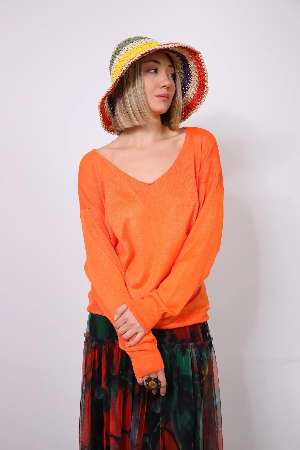  Turuncu V Yaka Triko Kazak