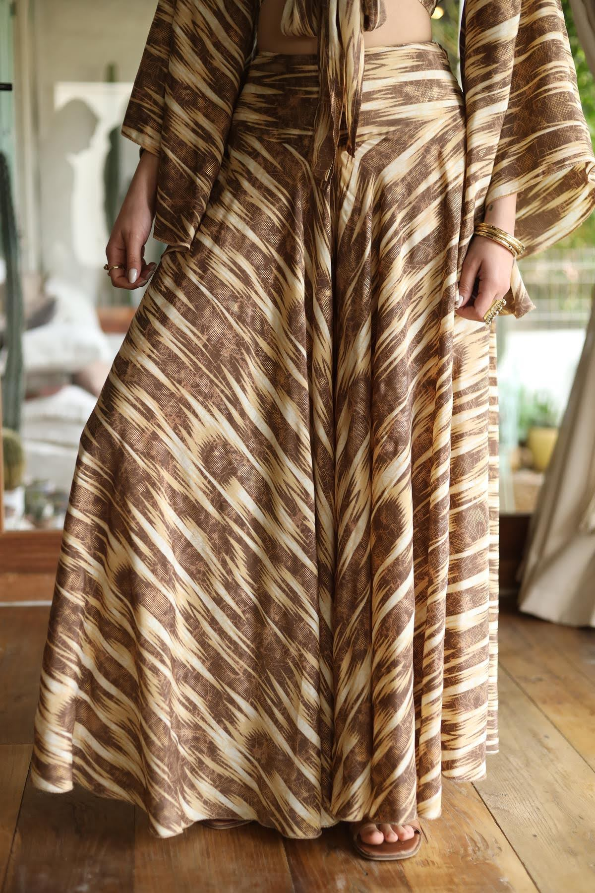 Vizon Rengi Desenli İpek Pantolon Etek