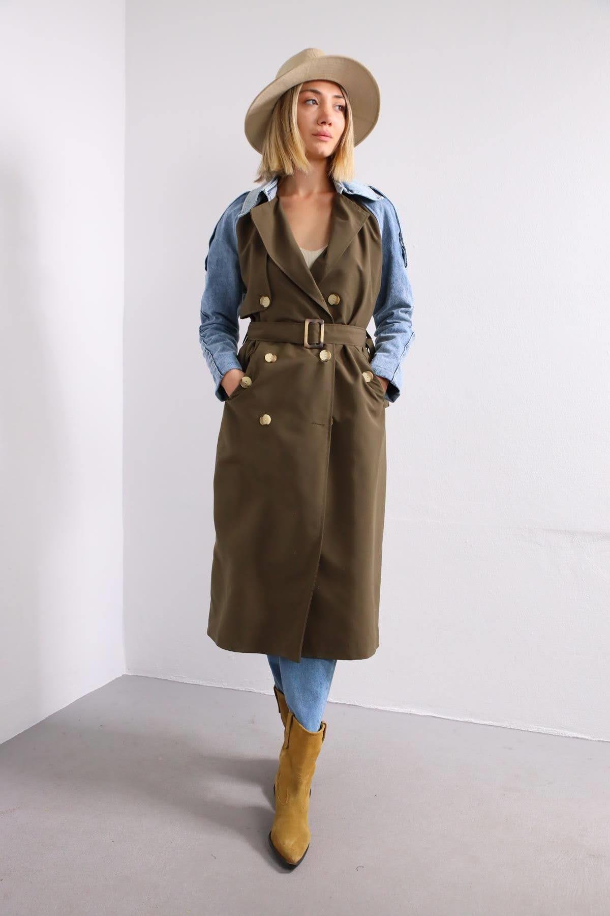  Haki Kolları Kot Detaylı Trençkot