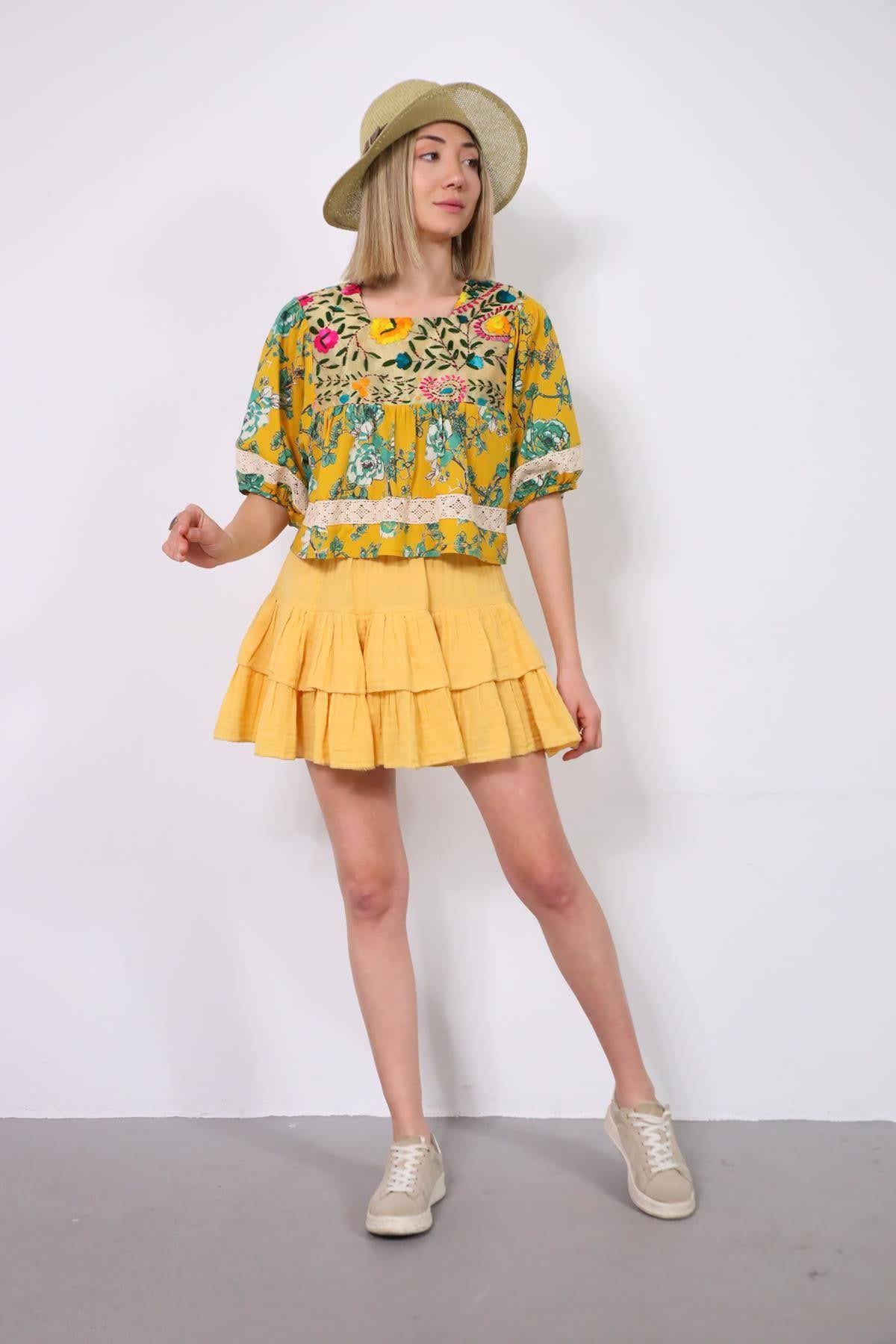 Sarı Kat Kat Mini Etek - Şaman Butik Sarı Kat Kat Mini Etek