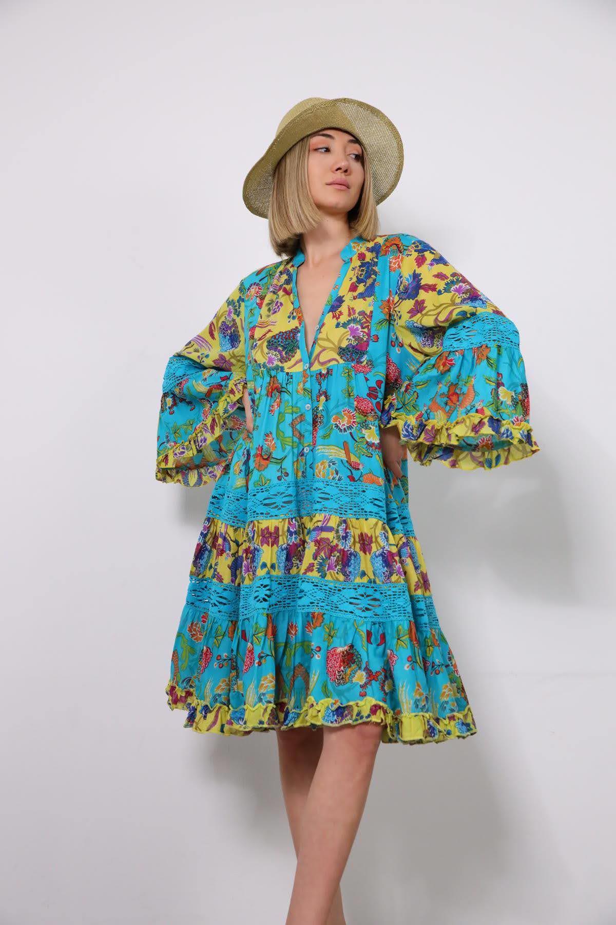 Turkuaz Kolları Volanlı Güpür Detaylı Otantik Elbise - Şaman Butik Turkuaz Kolları Volanlı Güpür Detaylı Otantik Elbise