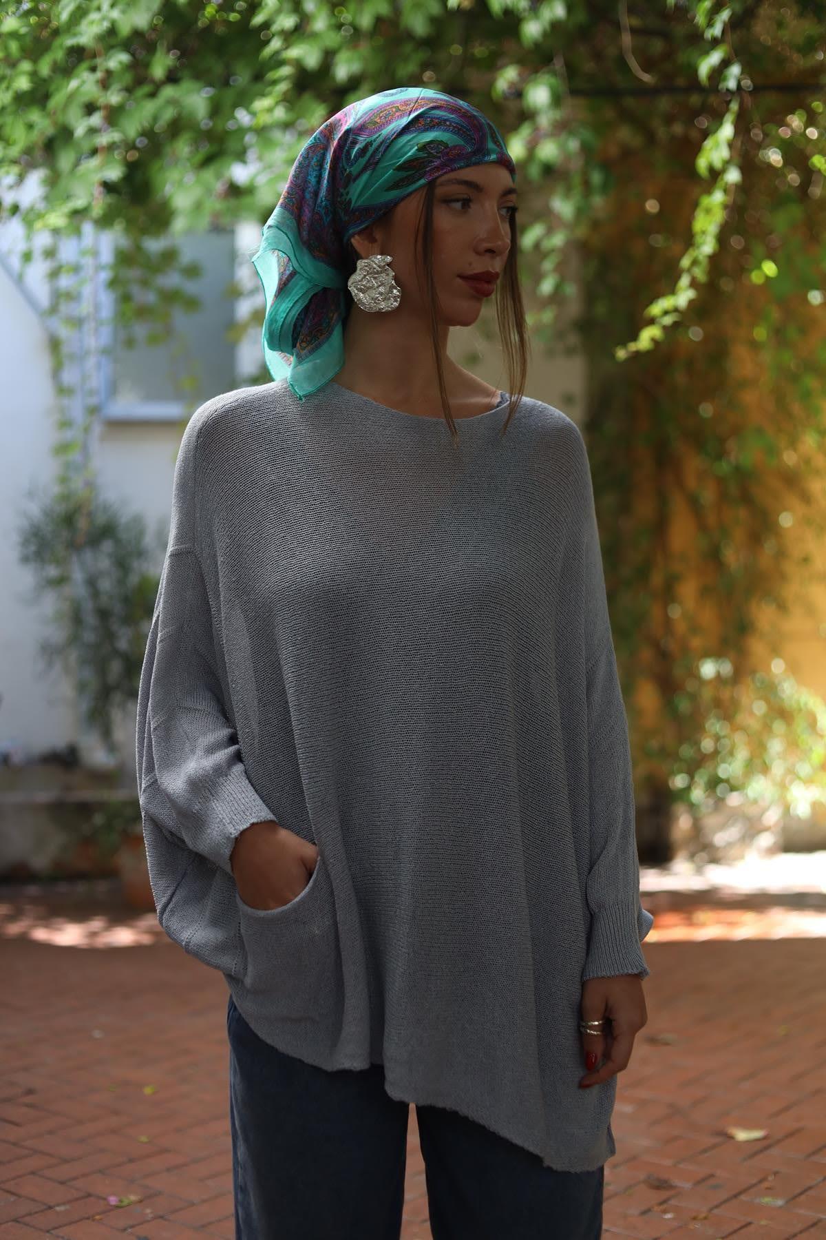 Gri Asimetrik Kesim Cepli Tunik