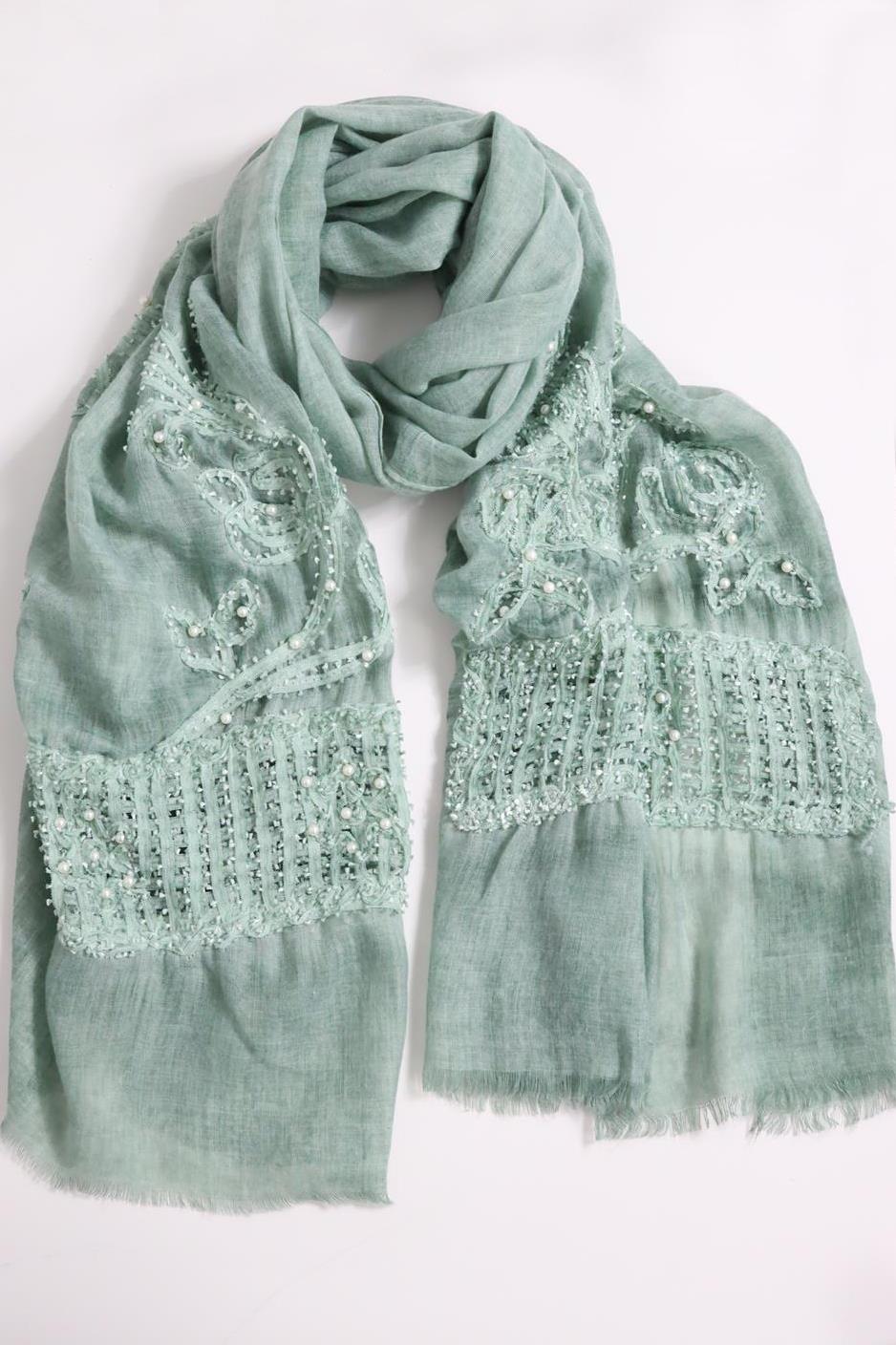 Mint Yeşili File Detay İnci İşlemeli Şal - Şaman Butik Mint Yeşili File Detay İnci İşlemeli Şal