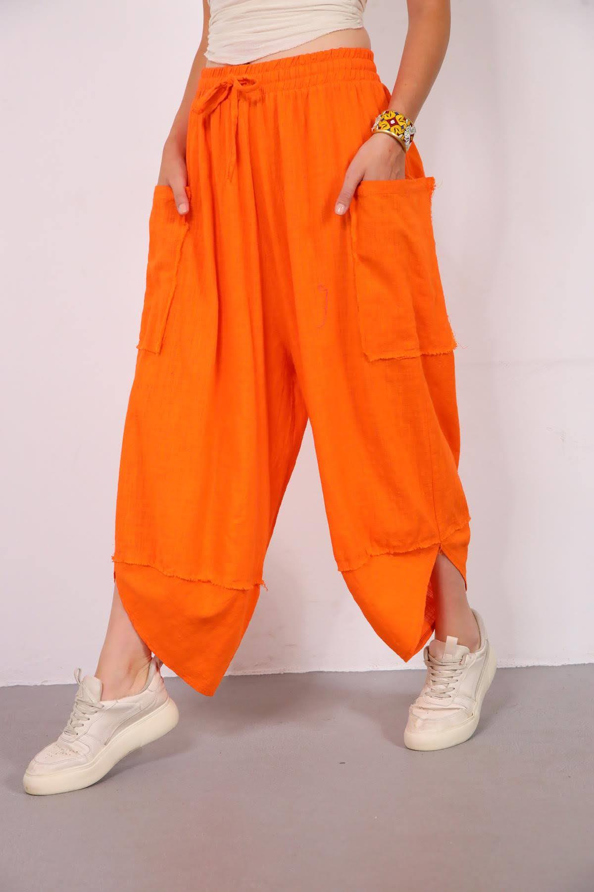 Turuncu Torba Cepli Püsküllü Paça Detaylı Pantolon - Şaman Butik Turuncu Torba Cepli Püsküllü Paça Detaylı Pantolon