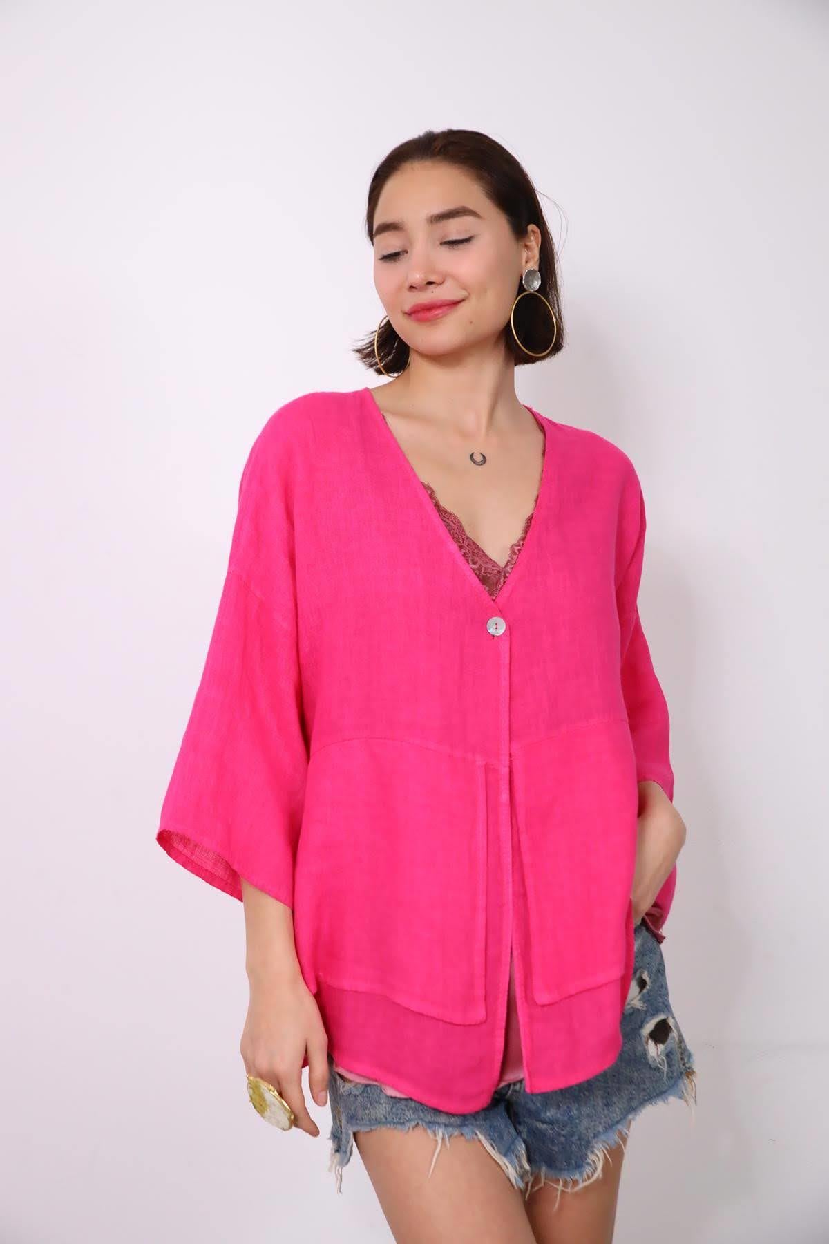 Pembe Önü Parça Detaylı Tek Düğmeli Keten Ceket - Şaman Butik Pembe Önü Parça Detaylı Tek Düğmeli Keten Ceket