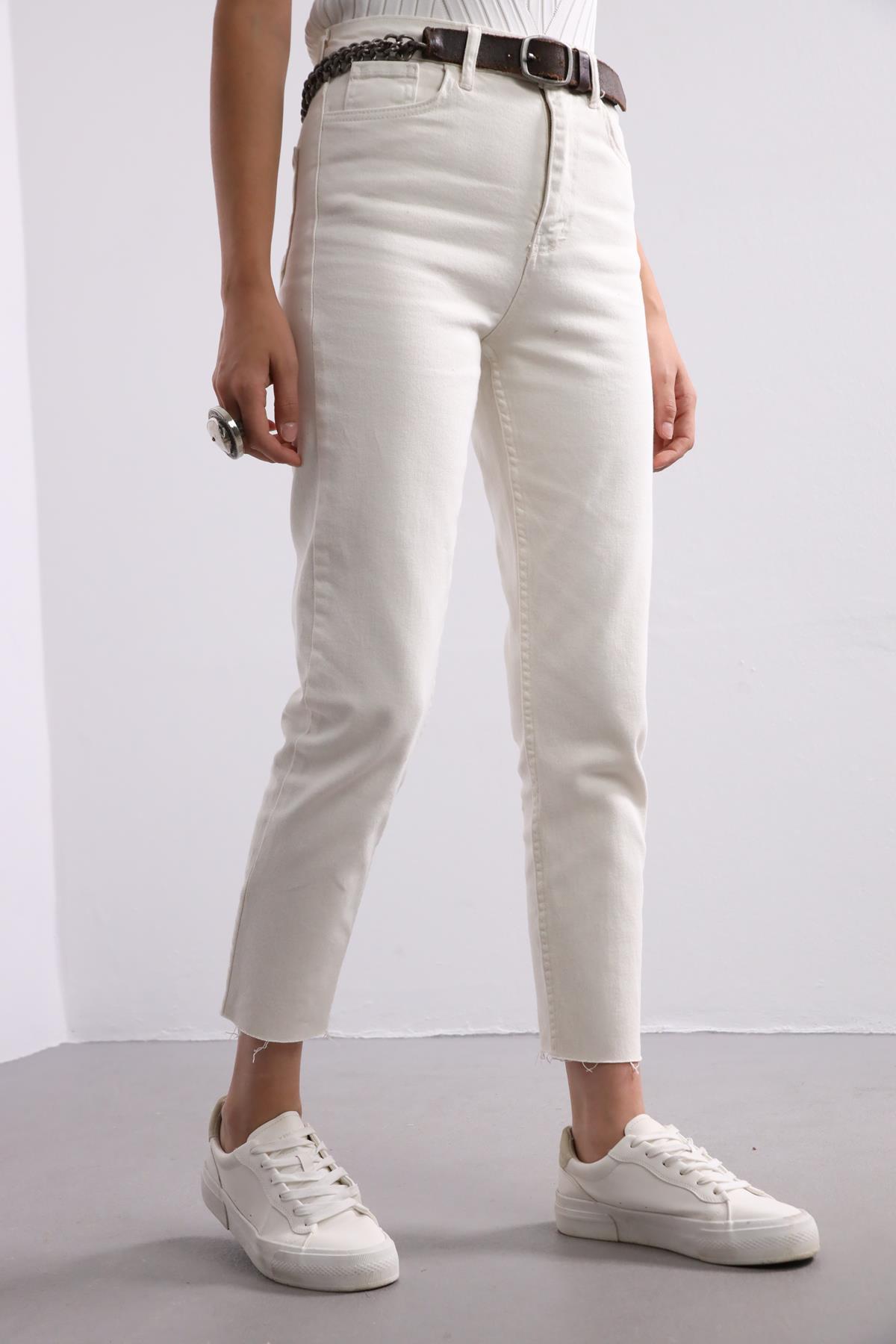 Ecru Cut Cuff Mom Jeans - Saman Butik | Shop Online