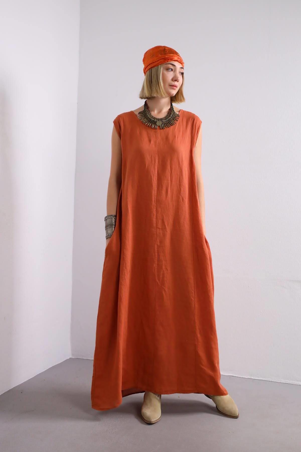 Kiremit Rengi Kalın Askılı Keten Elbise - Şaman Butik Kiremit Rengi Kalın Askılı Keten Elbise