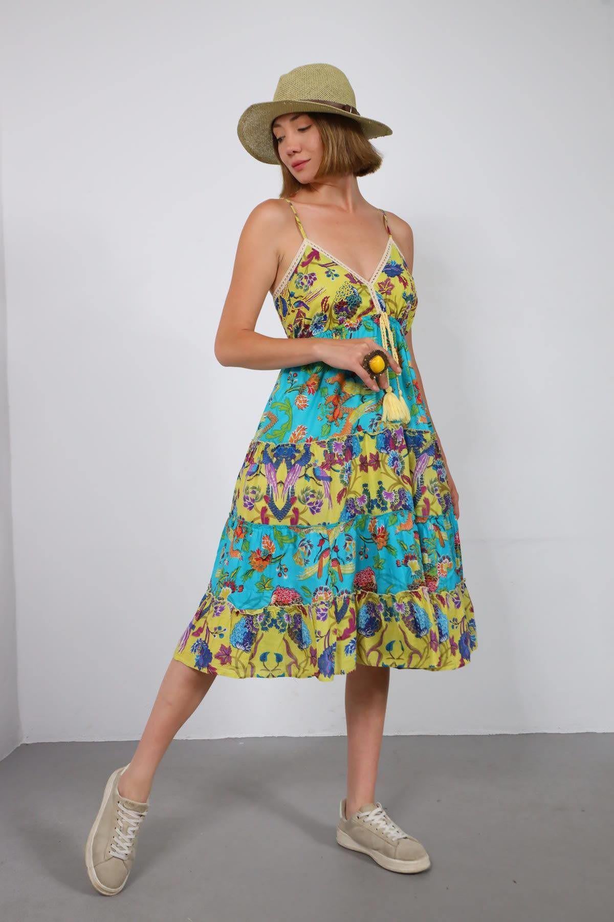 Turkuaz Güpür Detaylı Askılı Otantik Elbise - Şaman Butik Turkuaz Güpür Detaylı Askılı Otantik Elbise