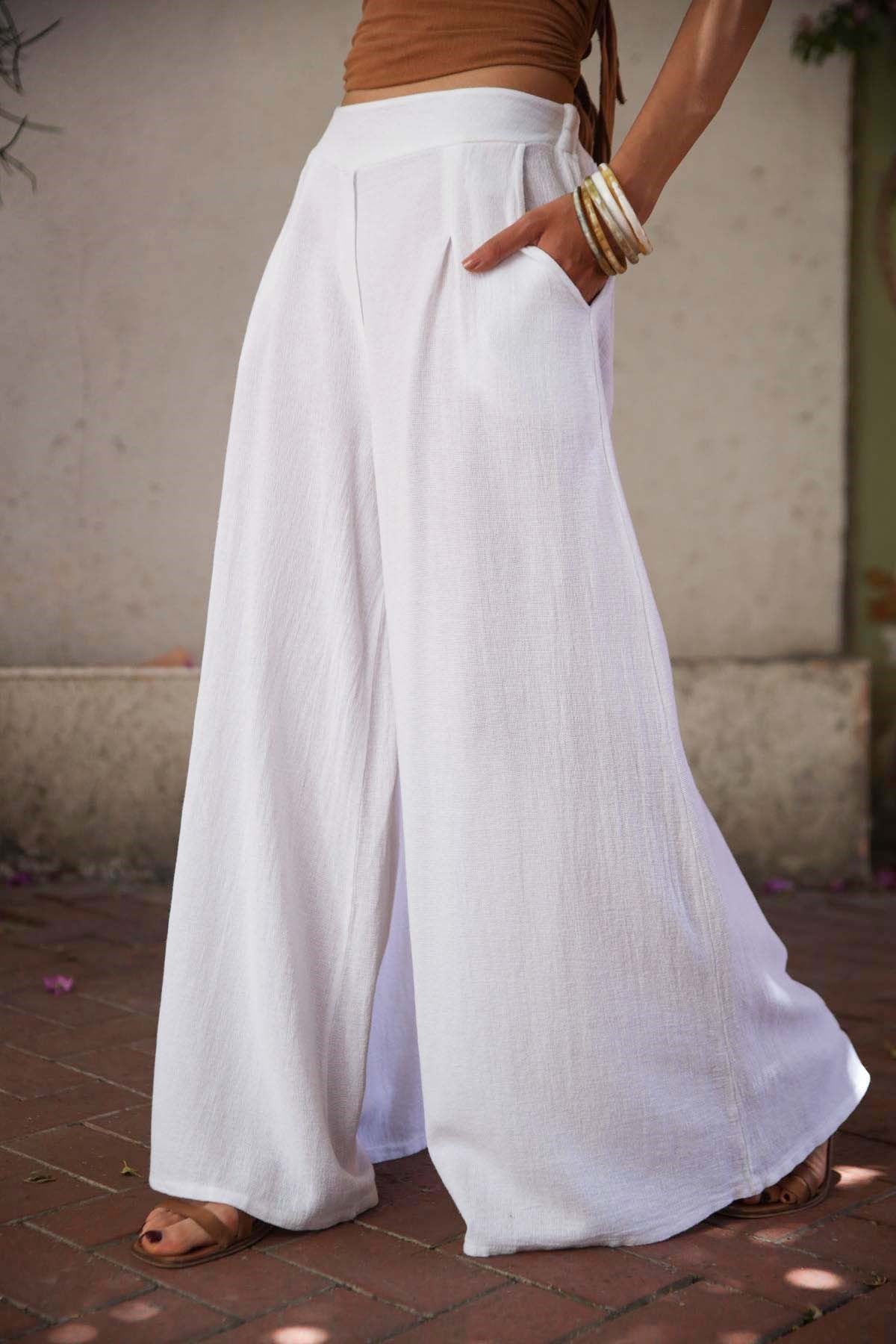 Beyaz Önü Pileli Soft Keten Pantolon