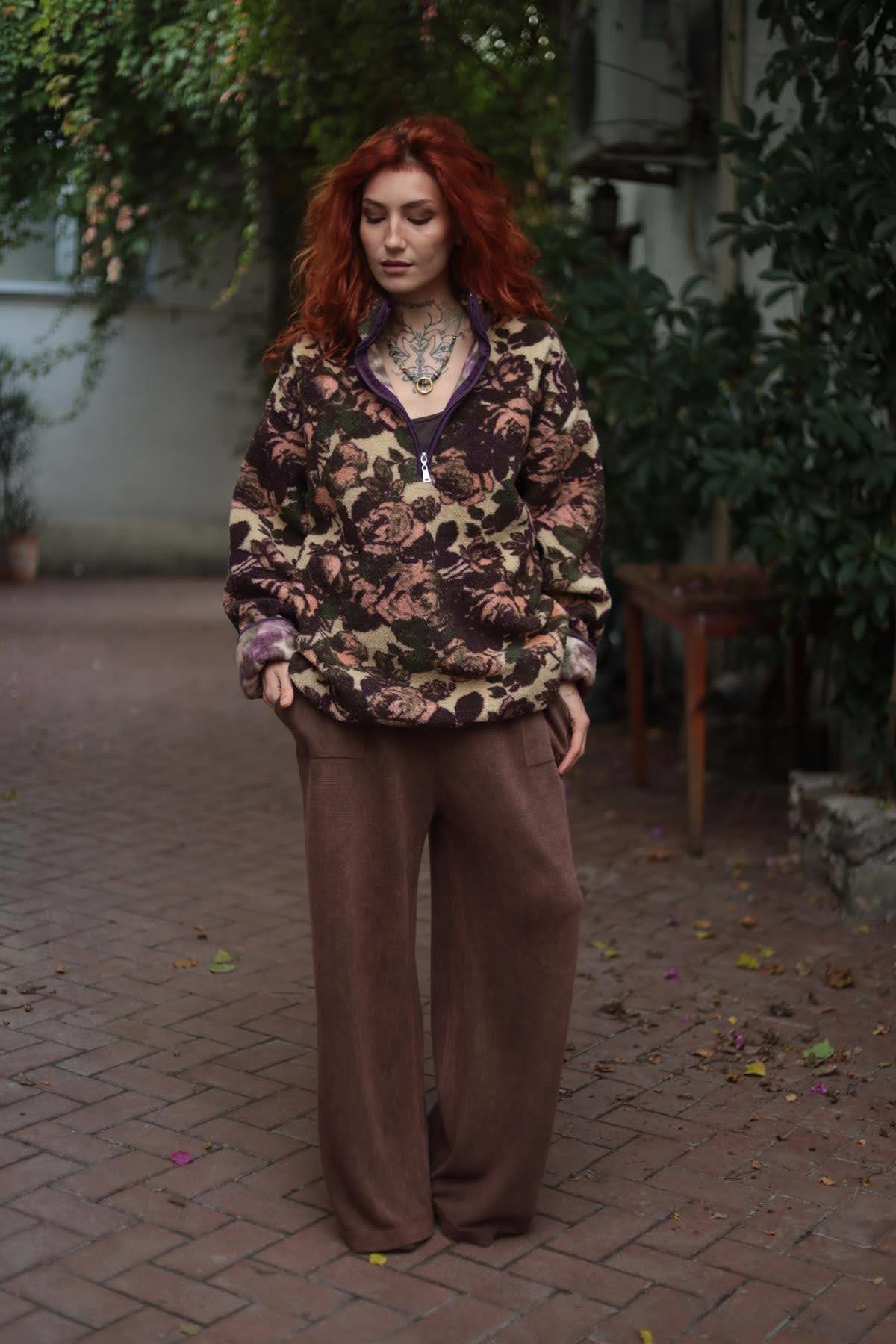 Mor Desenli Dik Yaka Polar Sweatshirt