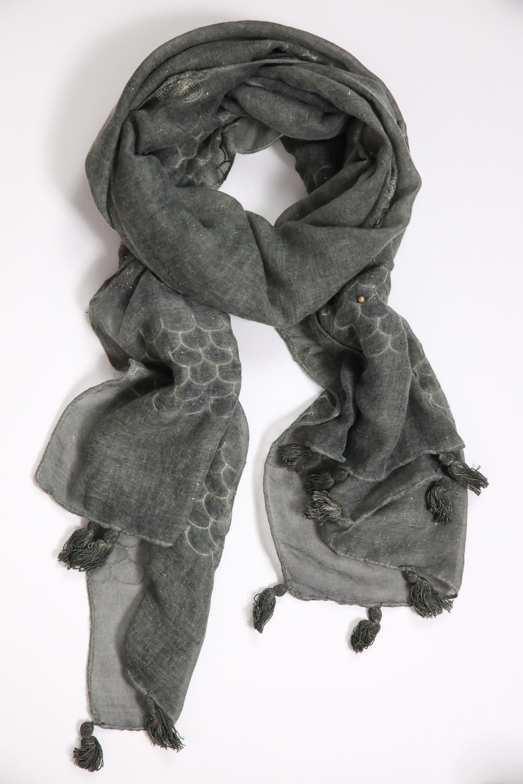 Yağ Yeşili Simli İnci İşlemeli Şal - Şaman Butik Yağ Yeşili Simli İnci İşlemeli Şal