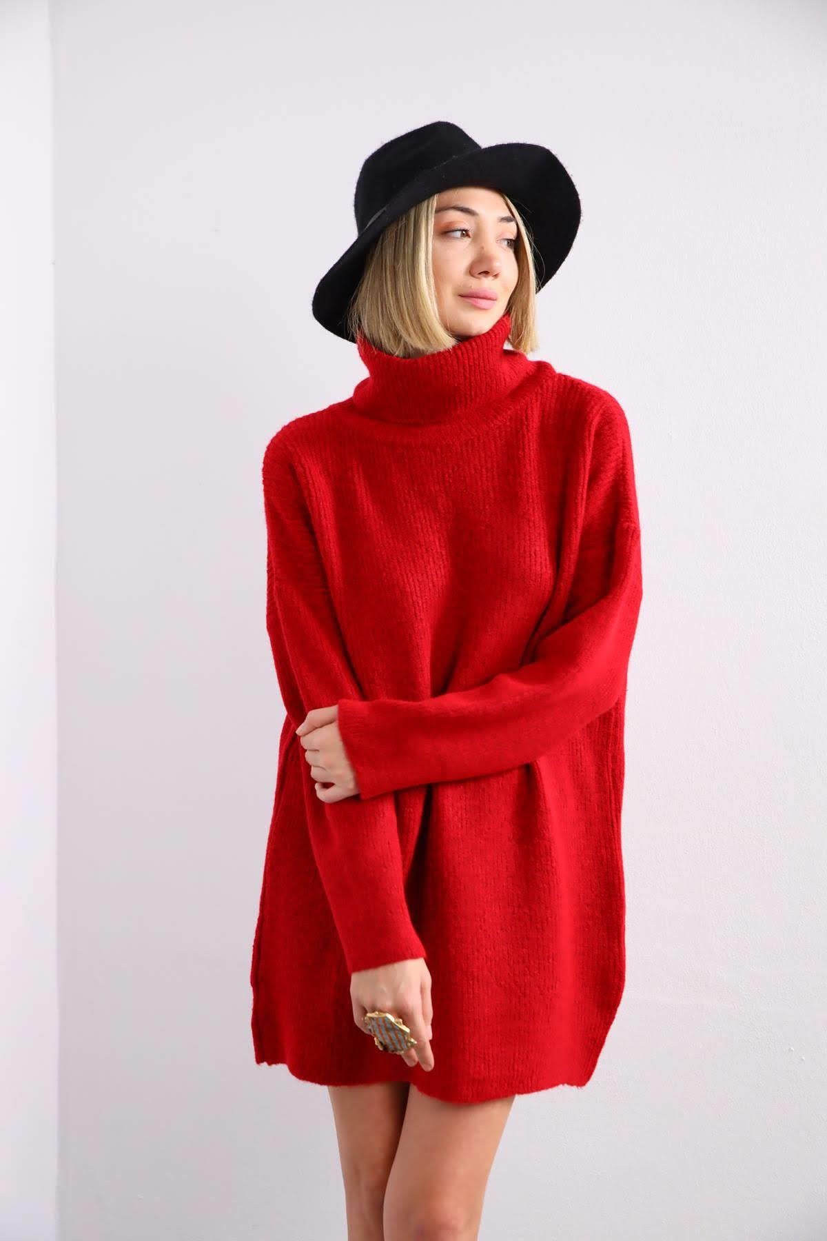 Kırmızı Boğazlı Uzun Triko Kazak - Şaman Butik - Bohem Giyim ve Aksesuar | Kadın & Erkek Kırmızı Boğazlı Uzun Triko Kazak