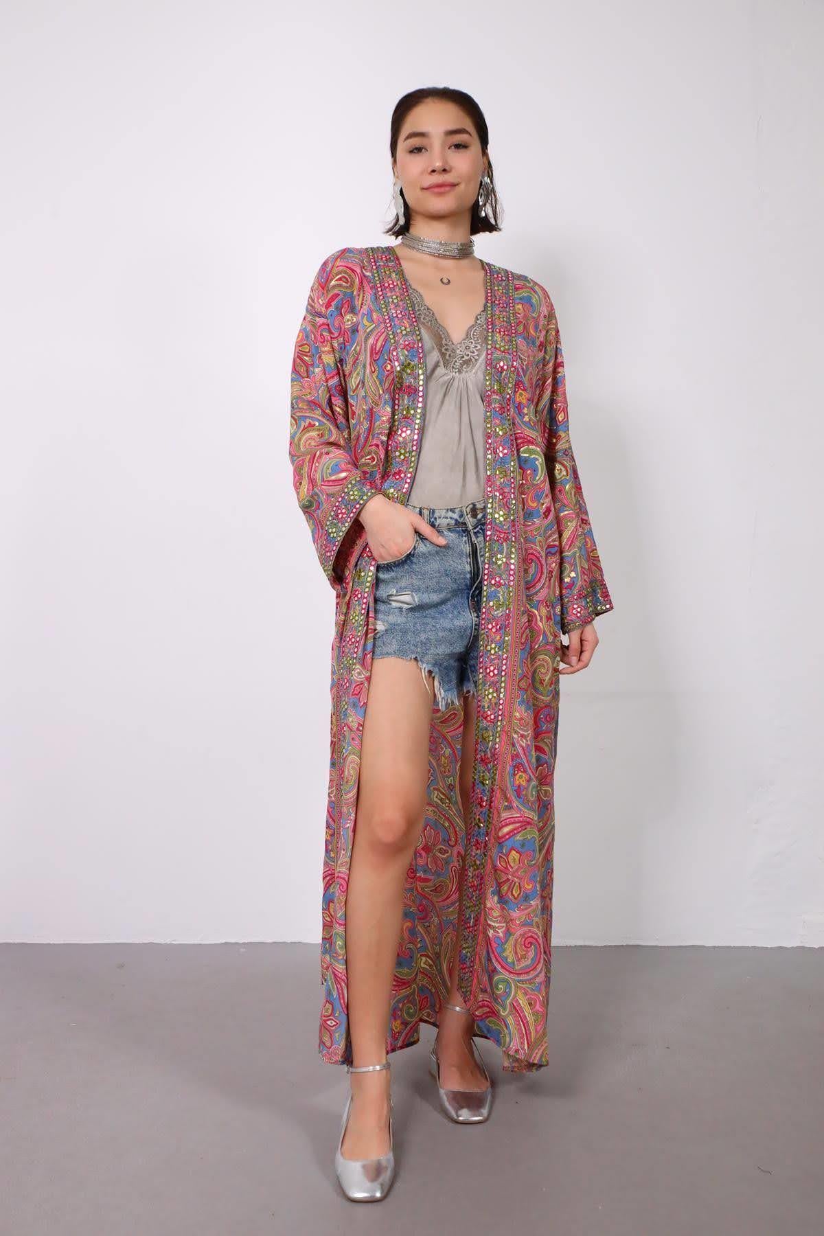 Pembe Ayna İşlemeli Otantik İpek Kimono - Şaman Butik Pembe Ayna İşlemeli Otantik İpek Kimono