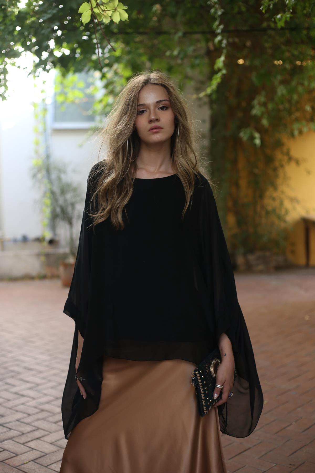 Black Wide Sleeves Silk Blouse