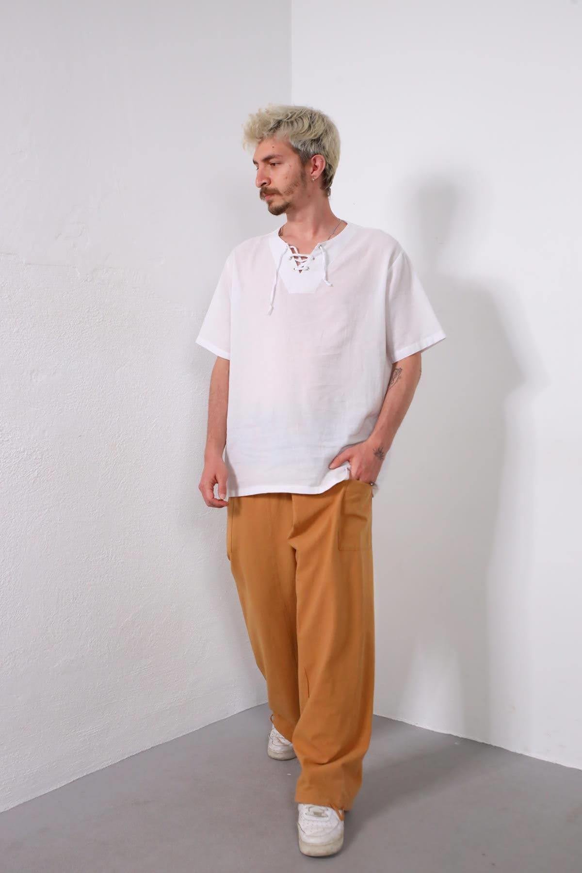  Hardal Rengi Beli Desenli Balıkçı Pantolon