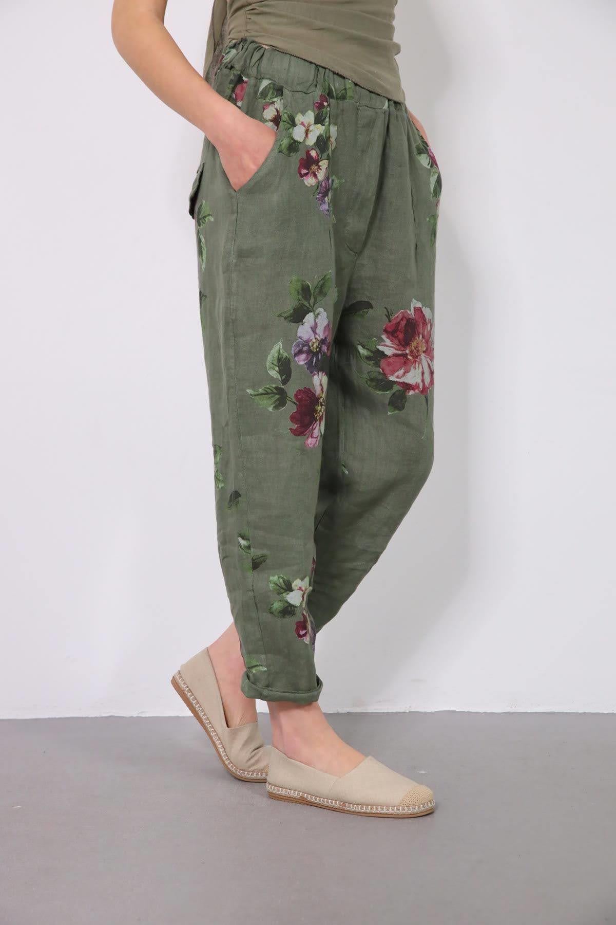 Saman Butik | Shop Online Khaki Flower Patterned Carrot Cut Trousers