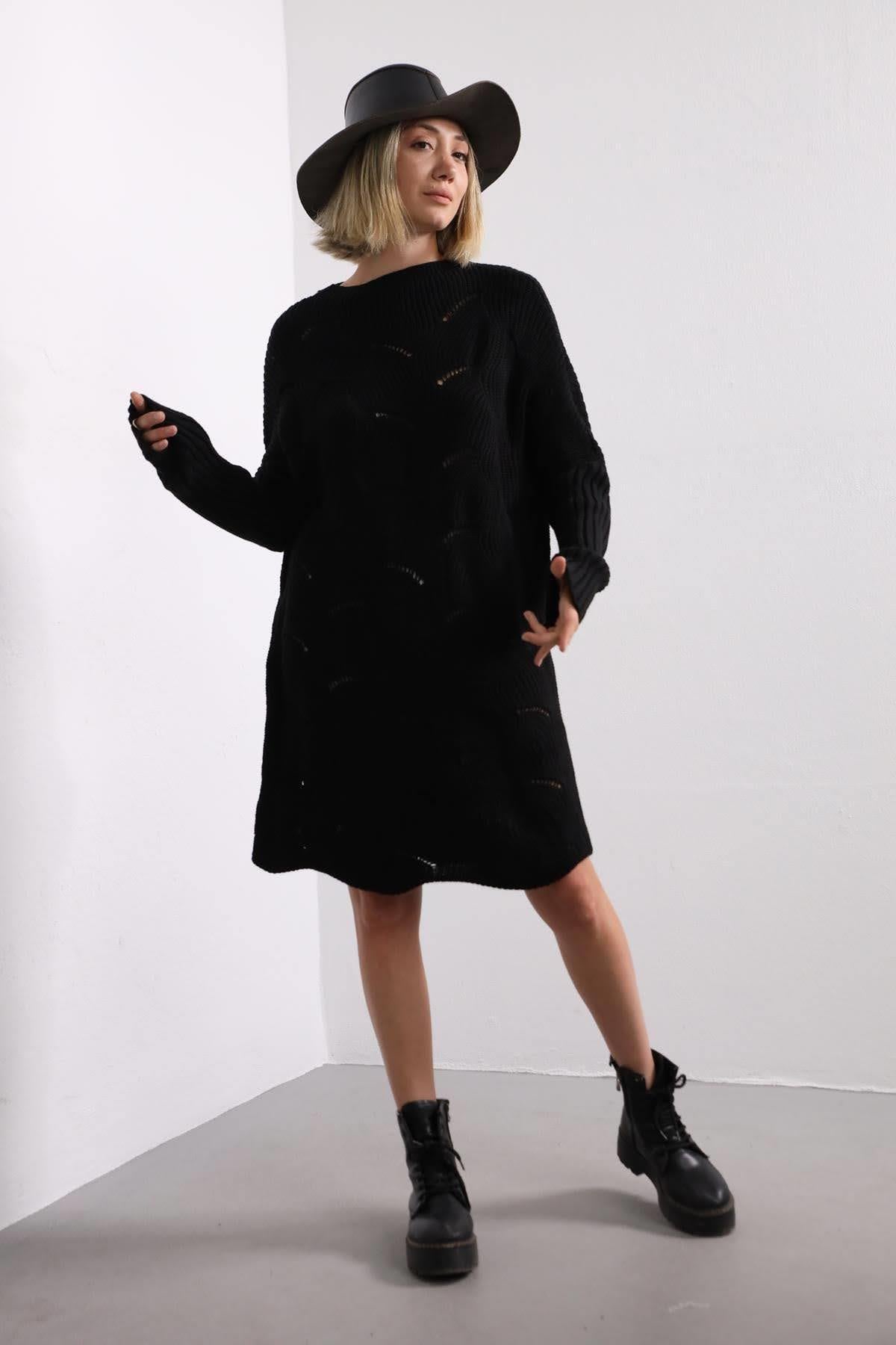  Siyah Bisiklet Yaka Yarasa Kol Kazak