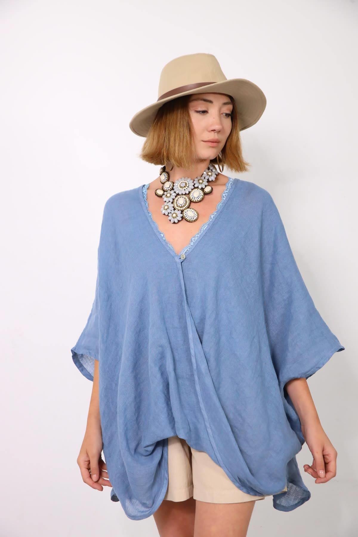 İndigo Mavi Tek Düğme Keten Judith Bluz - Şaman Butik - Bohem Giyim ve Aksesuar | Kadın & Erkek İndigo Mavi Tek Düğme Keten Judith Bluz