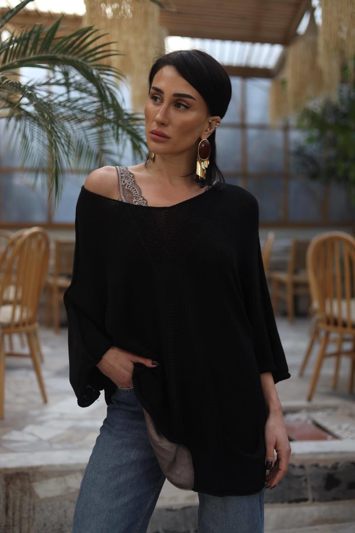Siyah Asimetrik Kesim Cepli Triko Bluz