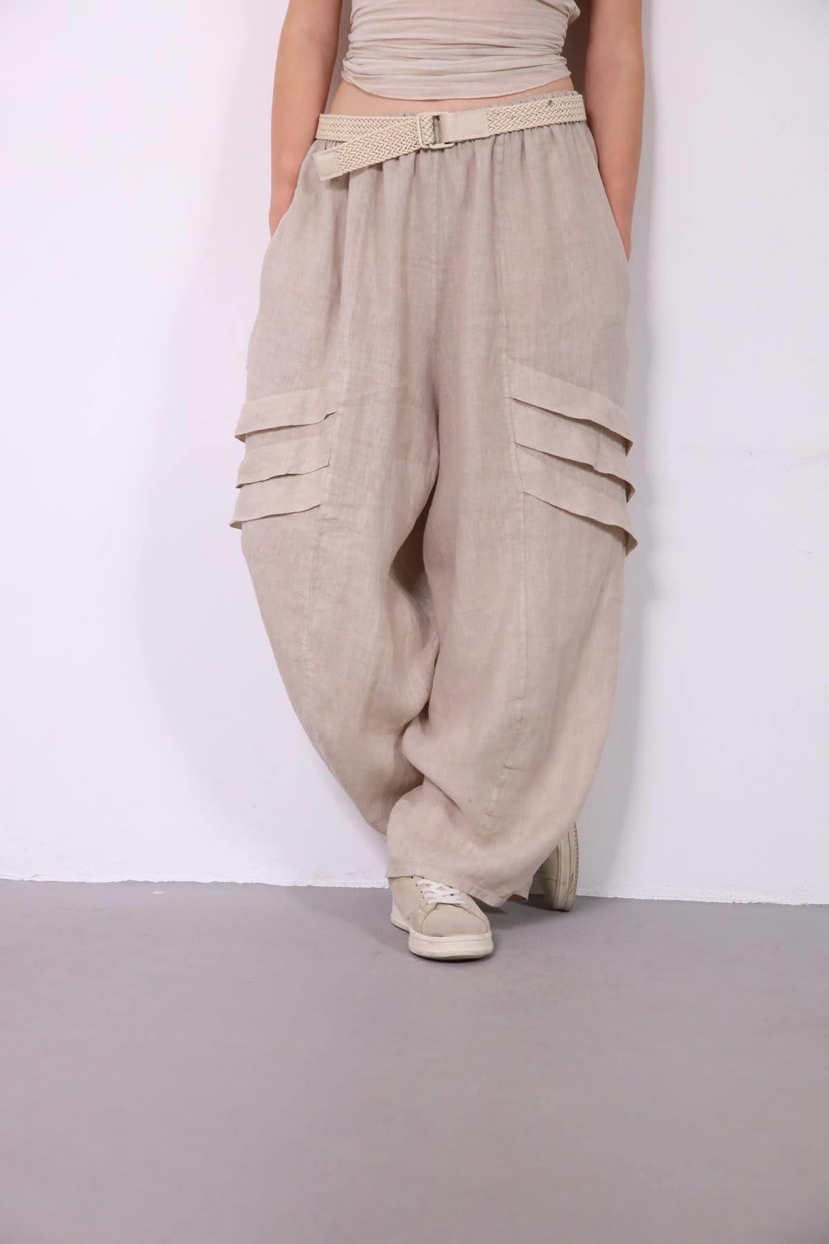 Krem Rengi Parça Detaylı Keten Pantolon - Şaman Butik Krem Rengi Parça Detaylı Keten Pantolon