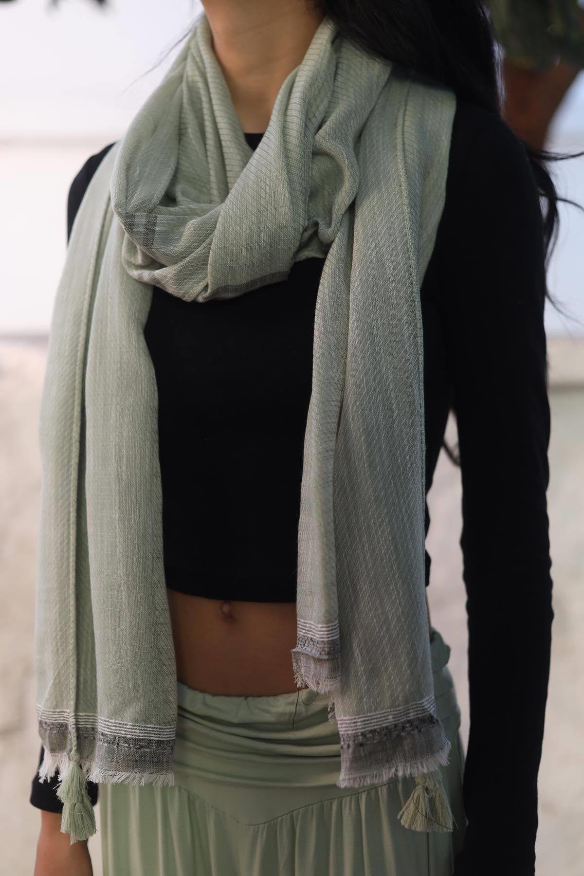 Mint Green Fringed Cotton Shawl