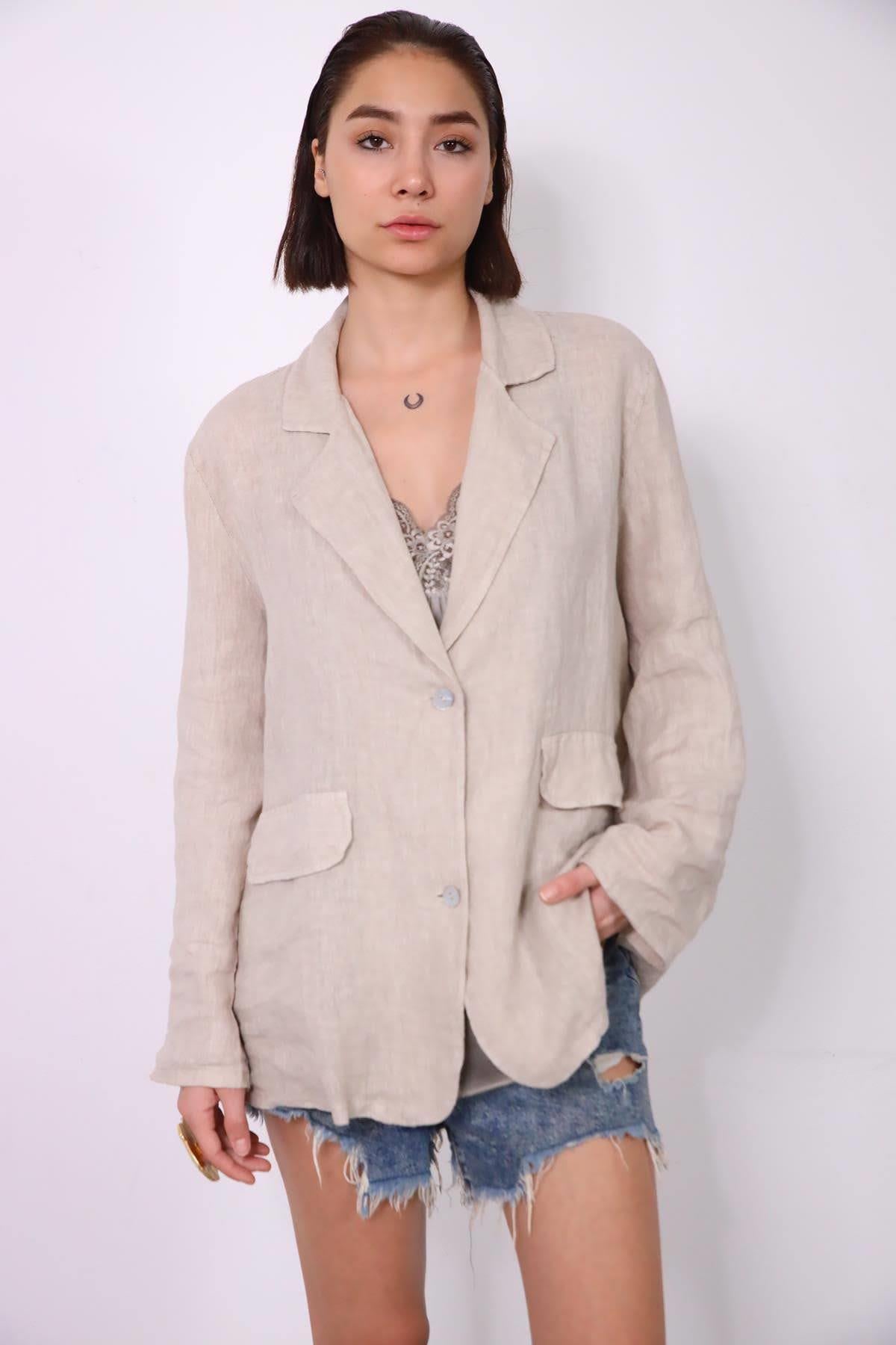 Krem Rengi Sahte Cepli Keten Ceket - Şaman Butik Krem Rengi Sahte Cepli Keten Ceket