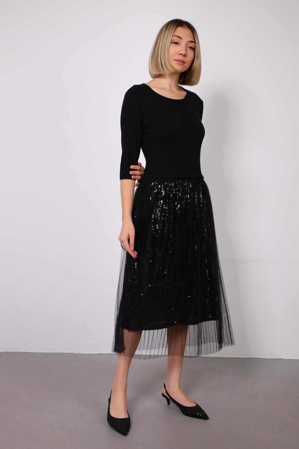 Black Sequin Skirt Tulle Dress - Saman Butik | Shop Online