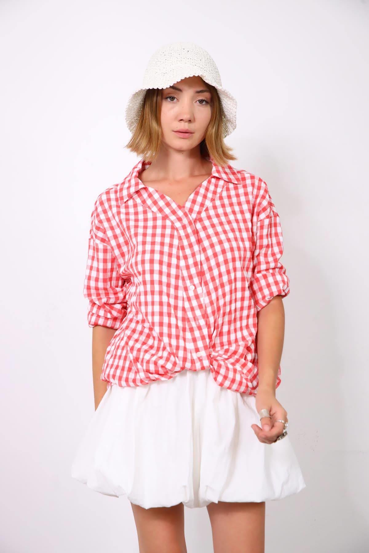 Mercan Rengi Kareli Önü Düğümlü Gömlek - Şaman Butik Mercan Rengi Kareli Önü Düğümlü Gömlek