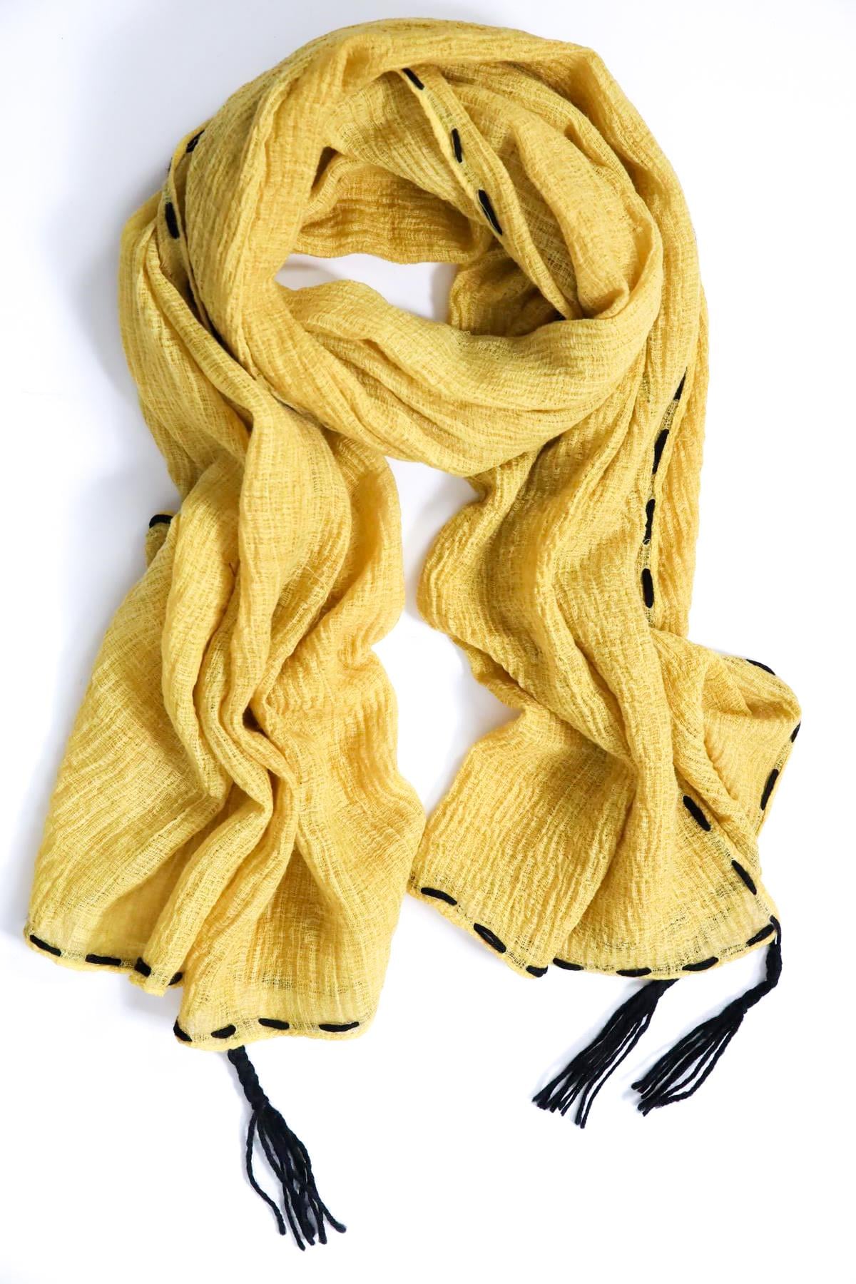 Hardal Rengi Kenarları İpli Pamuk Şal - Şaman Butik Hardal Rengi Kenarları İpli Pamuk Şal