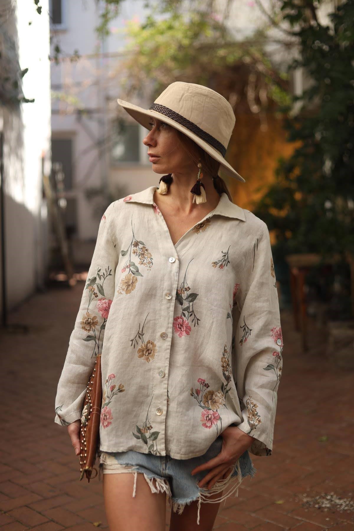 Taş Rengi Çiçek Desenli Keten Gömlek