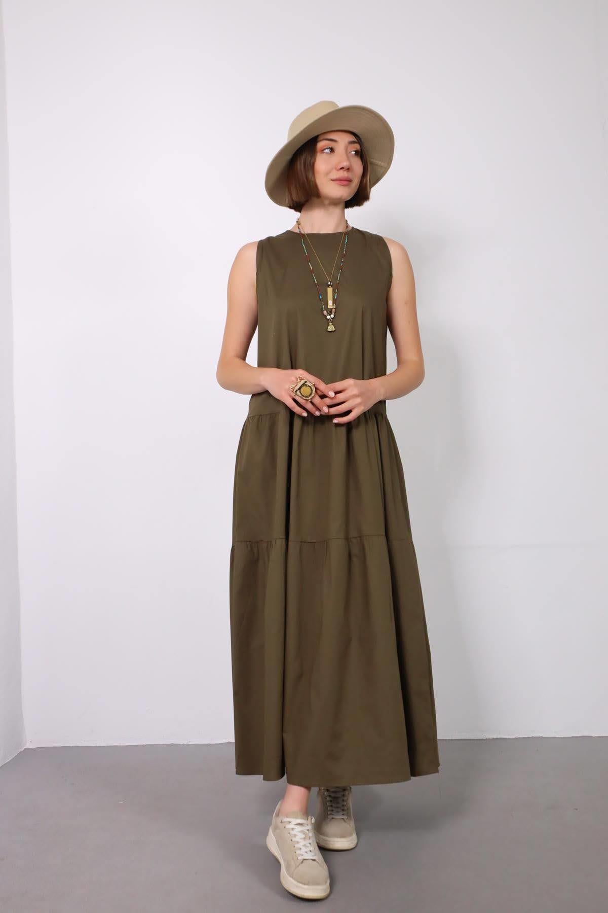  Haki Kalın Askılı Katlı Elbise
