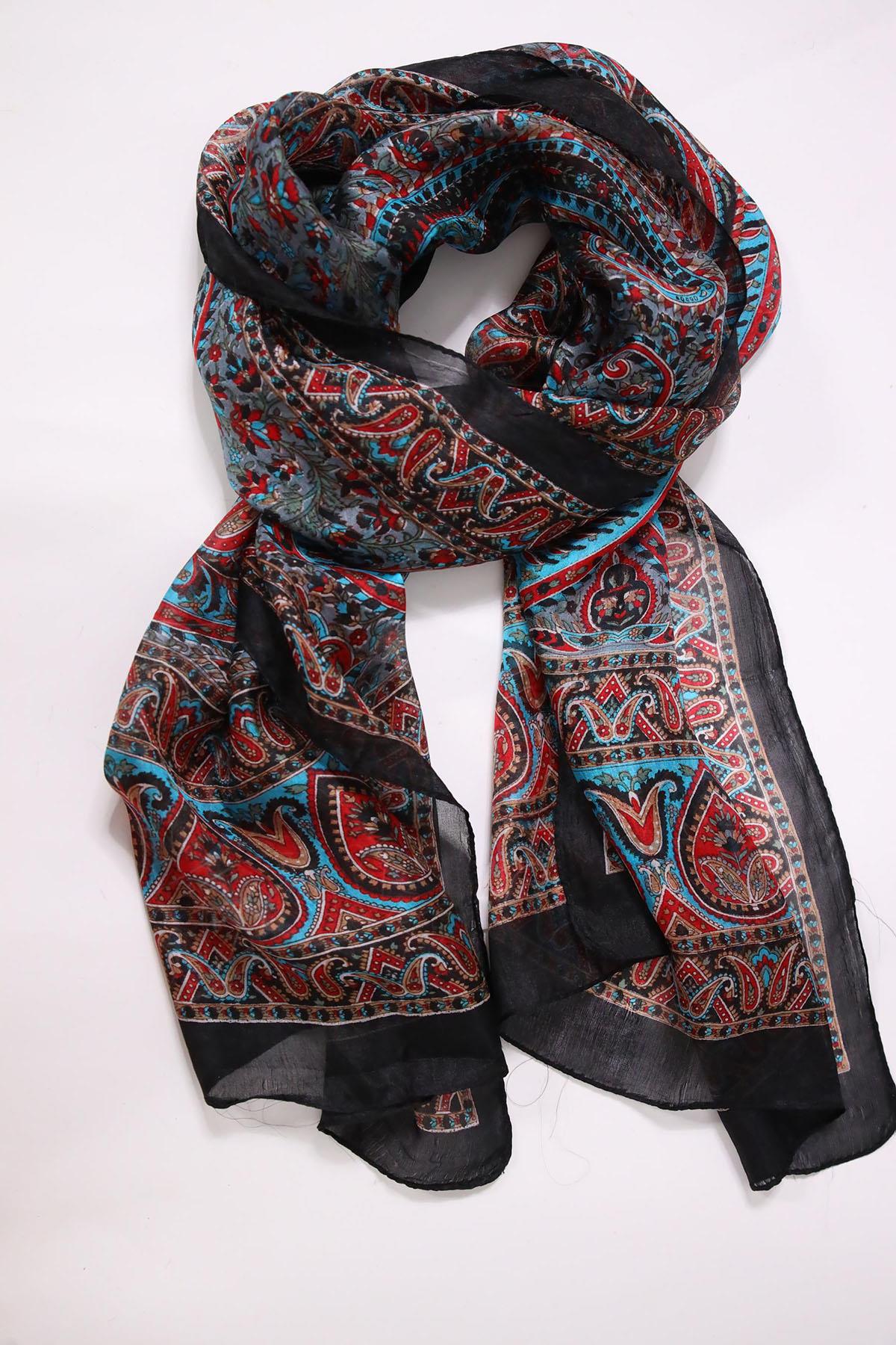 Siyah Desenli İpek Şal - Şaman Butik Siyah Desenli İpek Şal