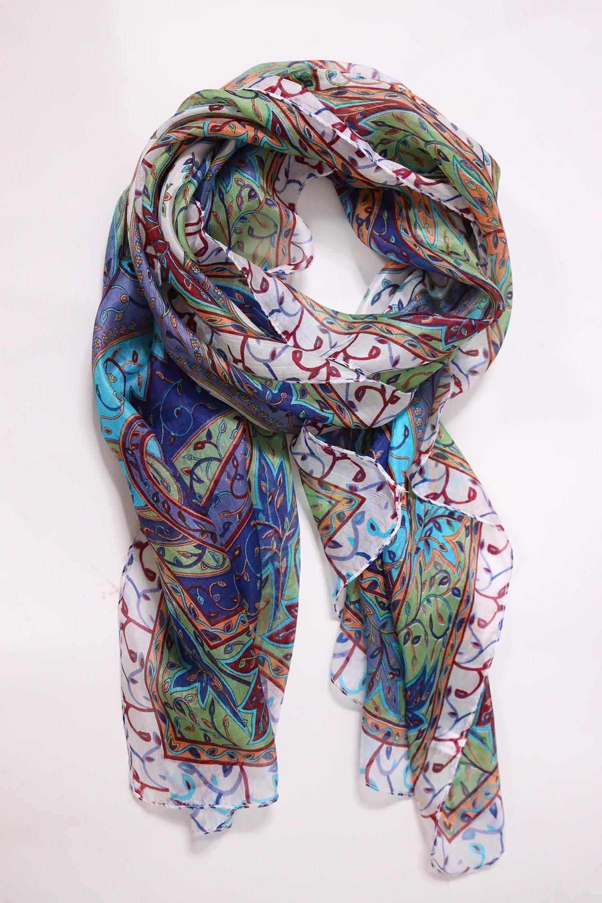 Ekru Desenli İpek Şal - Şaman Butik Ekru Desenli İpek Şal