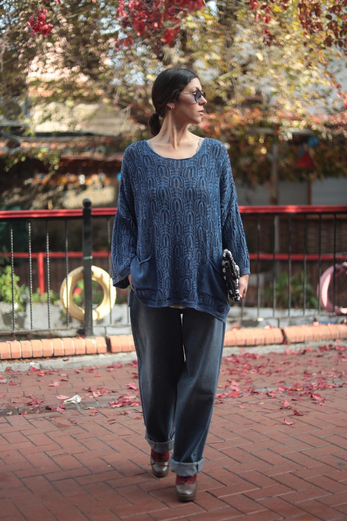 İndigo Mavi Örgü Desenli Yıkama Triko Tunik