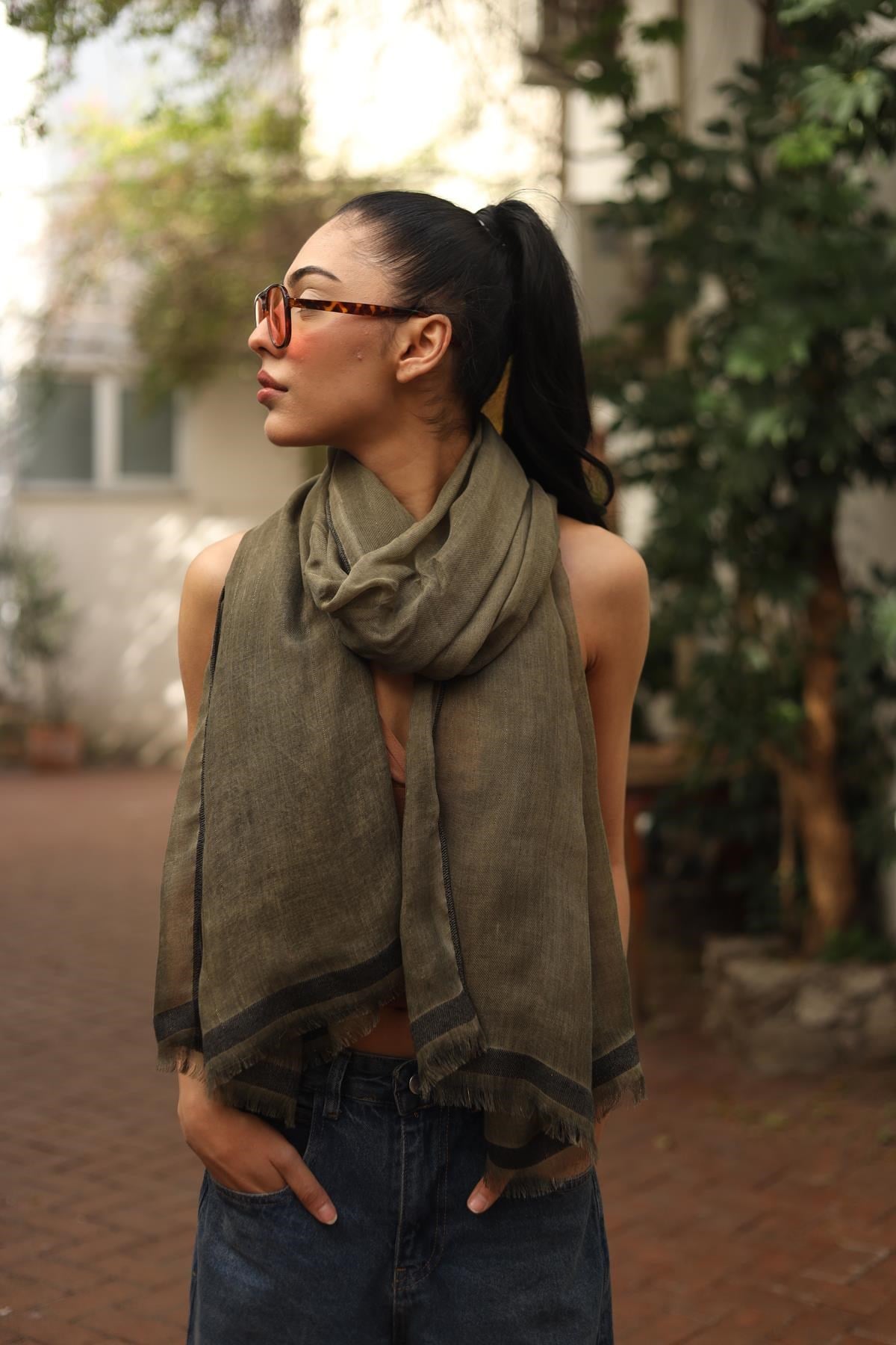 Haki Sim Çizgili Pamuk Şal