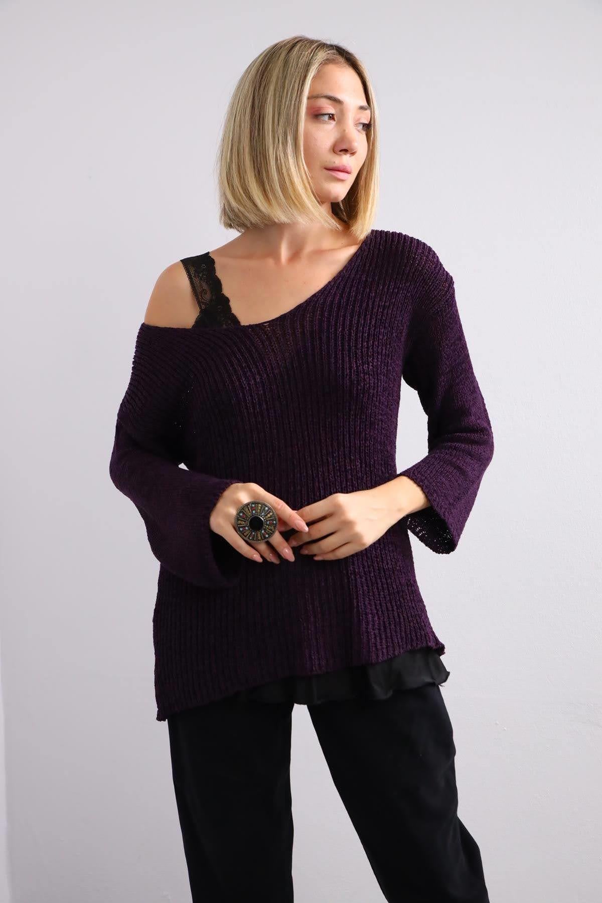 Mor V Yaka Uzun Kollu Merserize - Şaman Butik Mor V Yaka Uzun Kollu Merserize